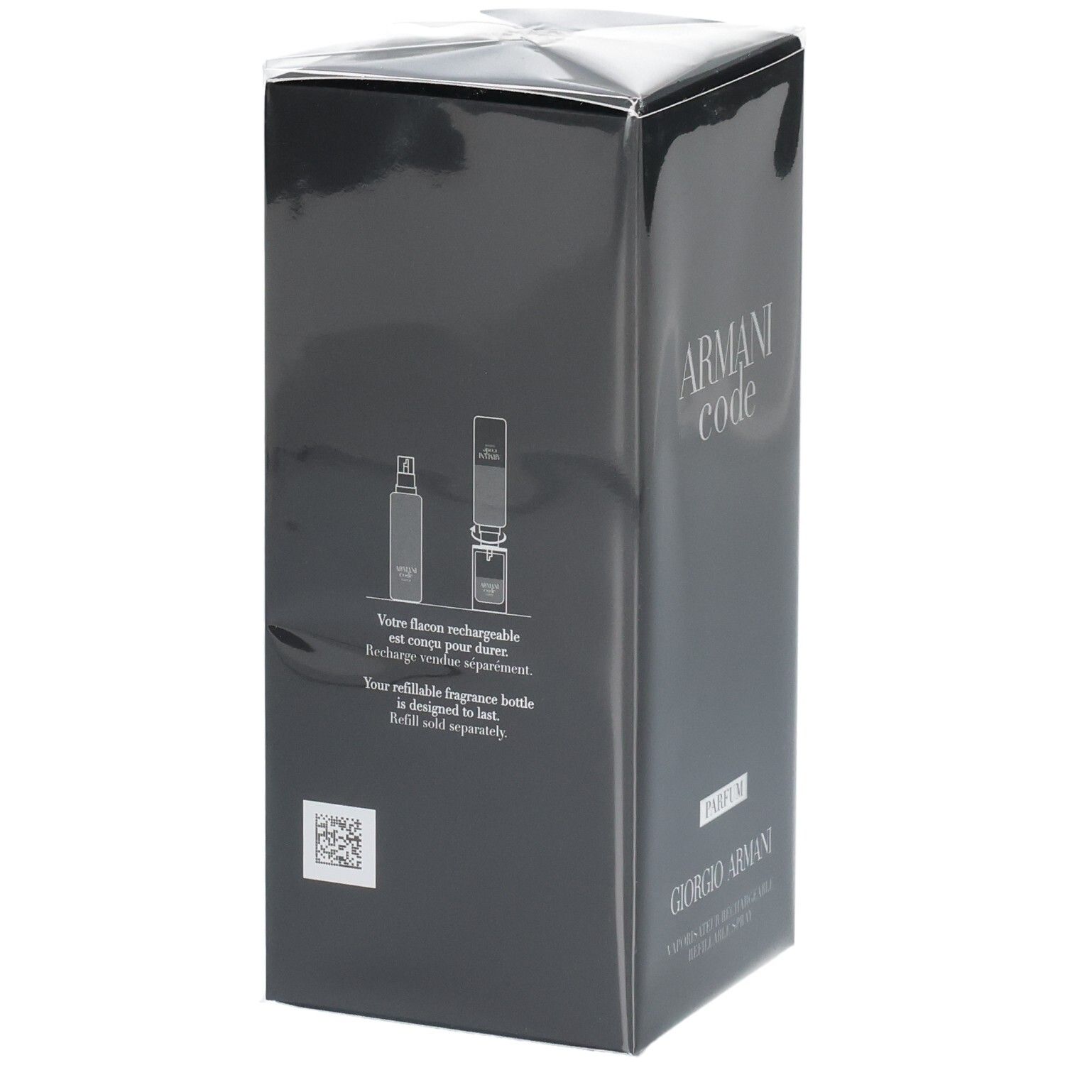 Confezione Armani Code Eau de Parfum. Mostra una bottiglia ricaricabile.