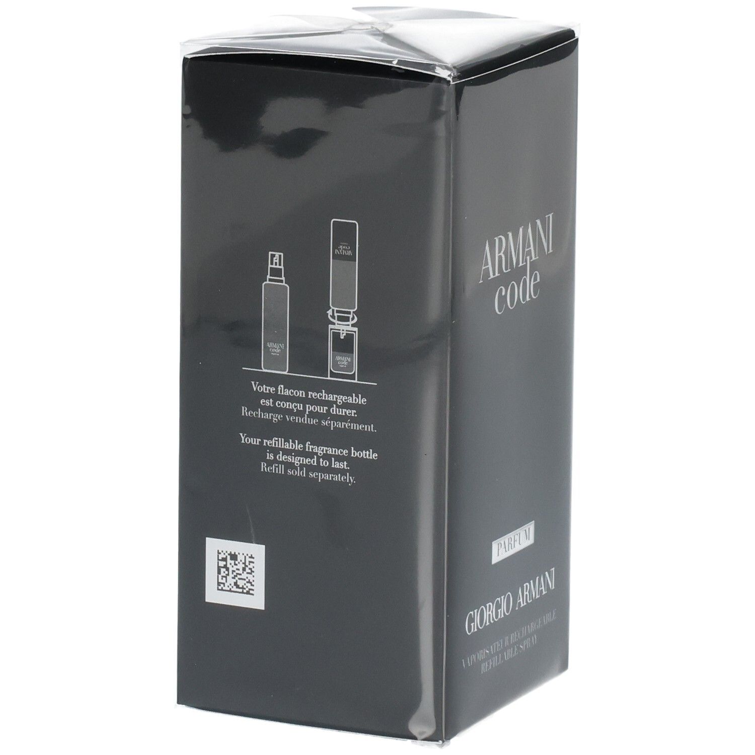 Retro della confezione Giorgio Armani Armani Code Parfum con istruzioni di ricarica.