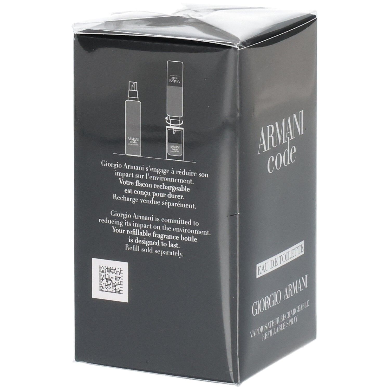 Retro della confezione Armani Code Eau de Toilette, con istruzioni per la ricarica.