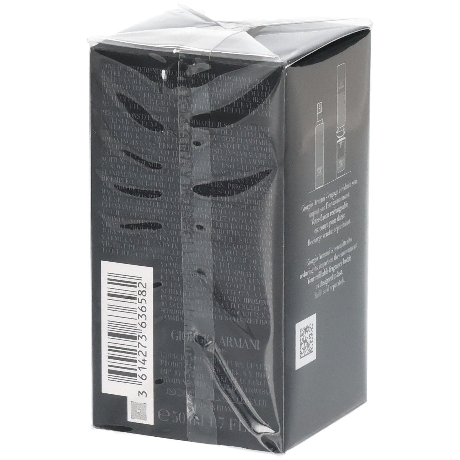 Vista laterale della confezione Armani Code Eau de Toilette, con codice a barre ed EAN.