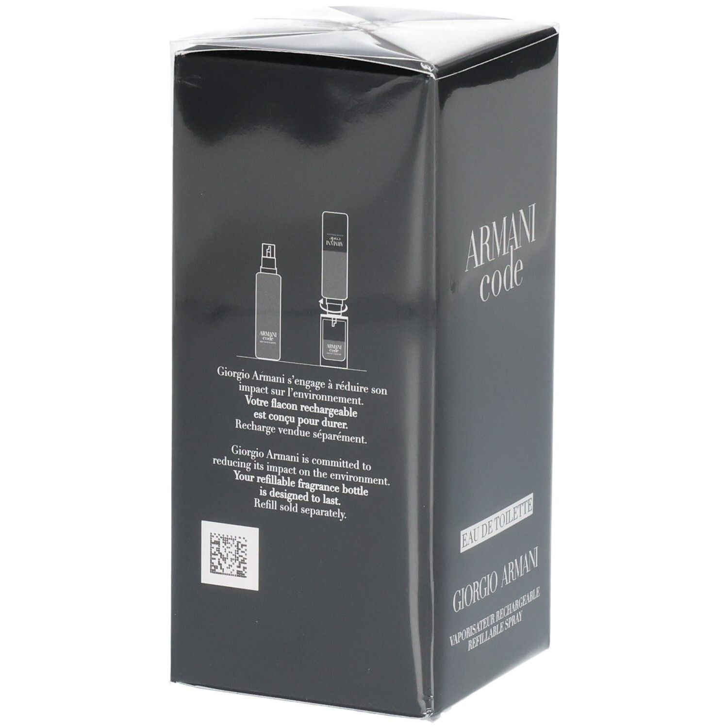 Confezione per Armani Code Eau de Toilette con istruzioni per la ricarica.