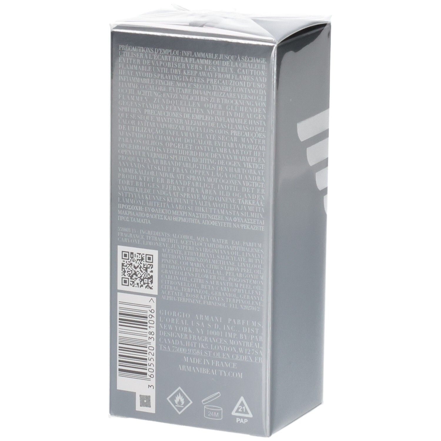 Retro della confezione Giorgio Armani Diamonds for Men Eau de Toilette con ingredienti e codice a barre.