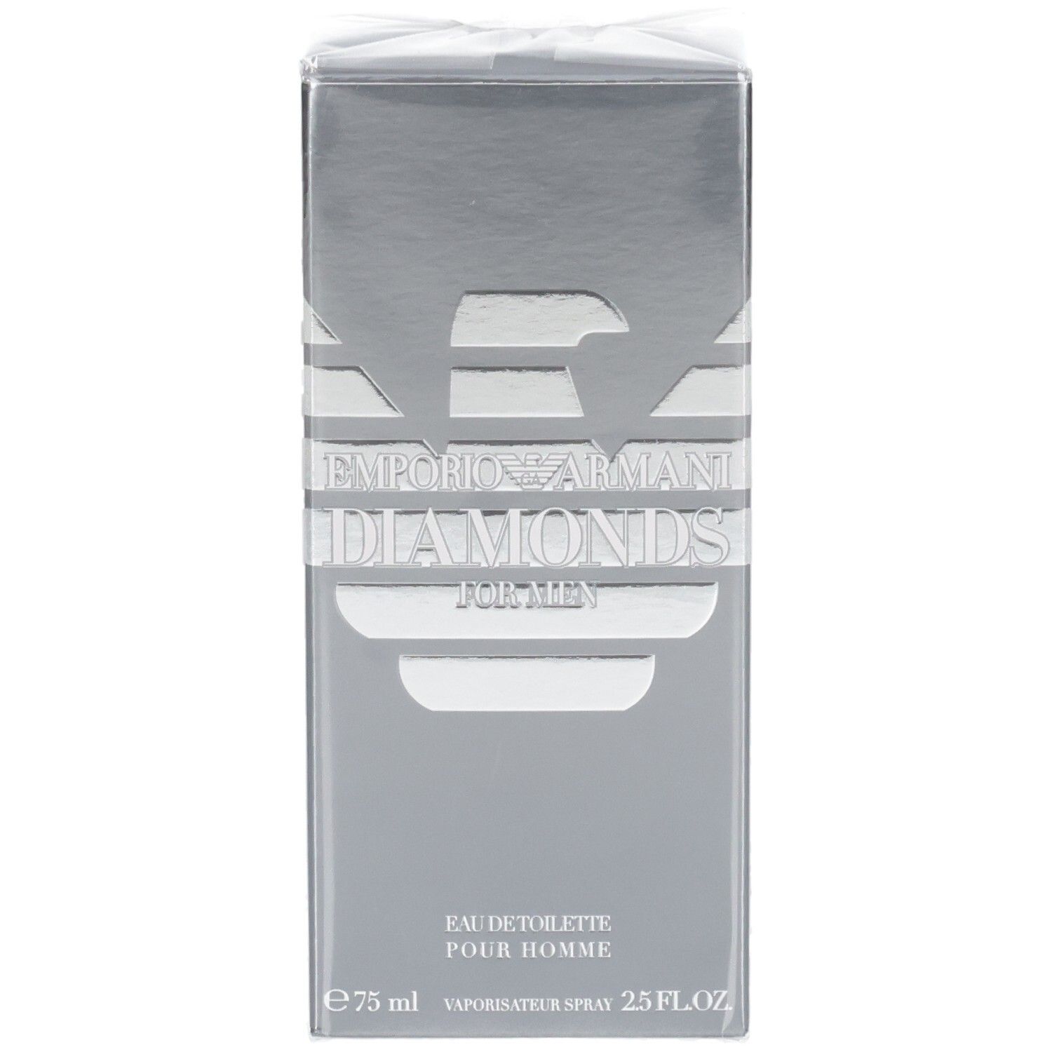 Confezione Giorgio Armani Diamonds for Men Eau de Toilette, color argento con logo aquila e nome del prodotto.