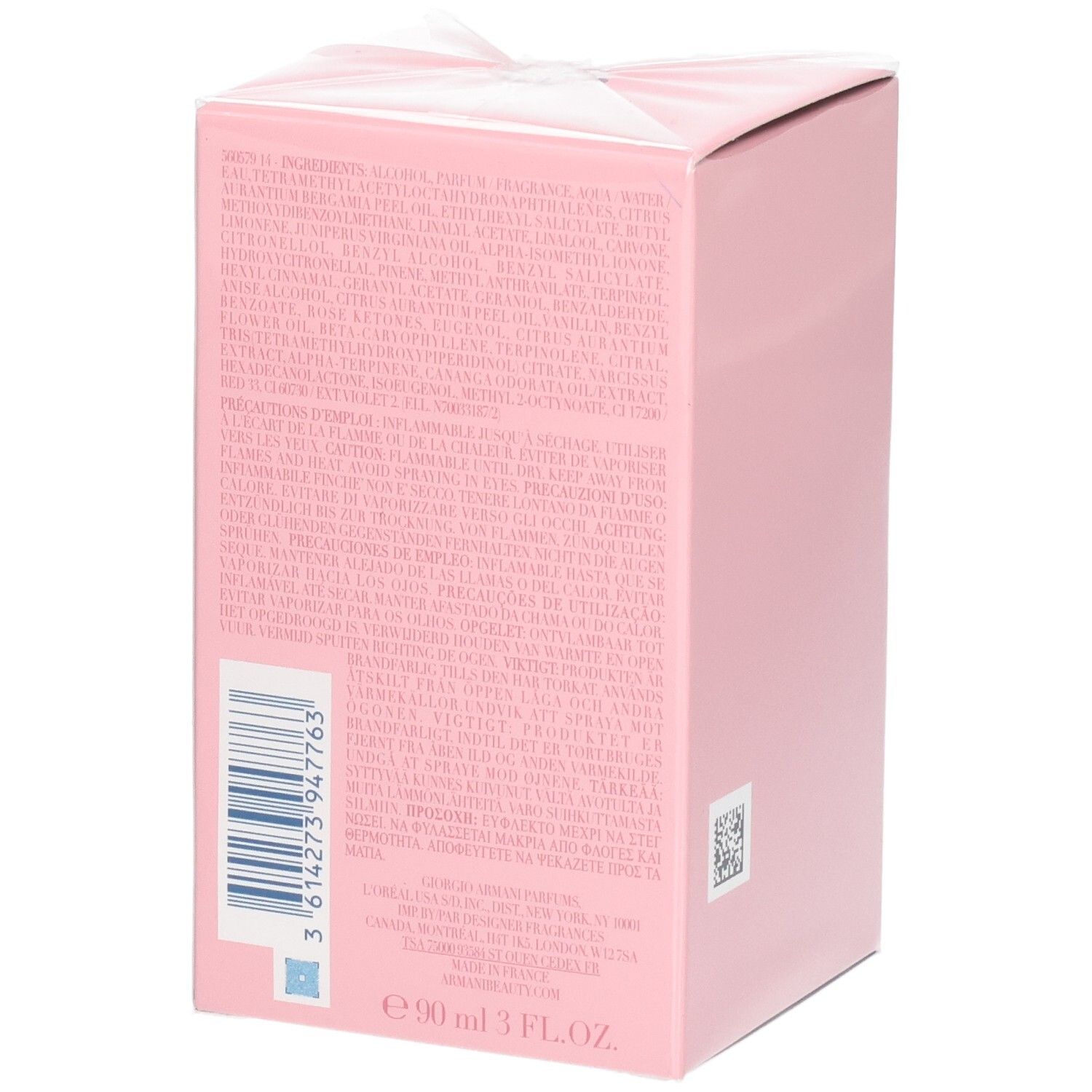Retro della confezione di Giorgio Armani My Way Nectar Eau de Parfum con ingredienti e codice a barre.