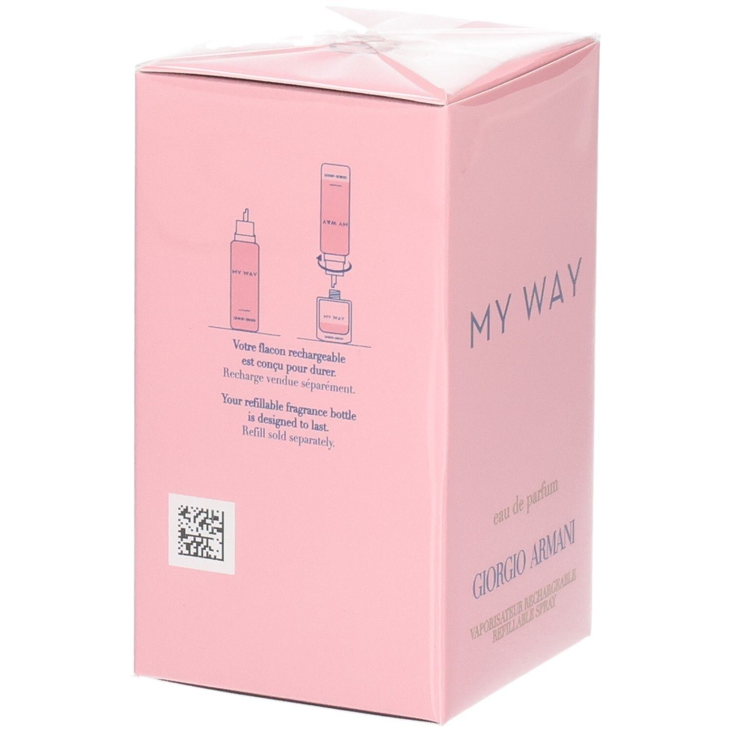 Retro della confezione Giorgio Armani My Way Eau de Parfum con istruzioni per la ricarica.
