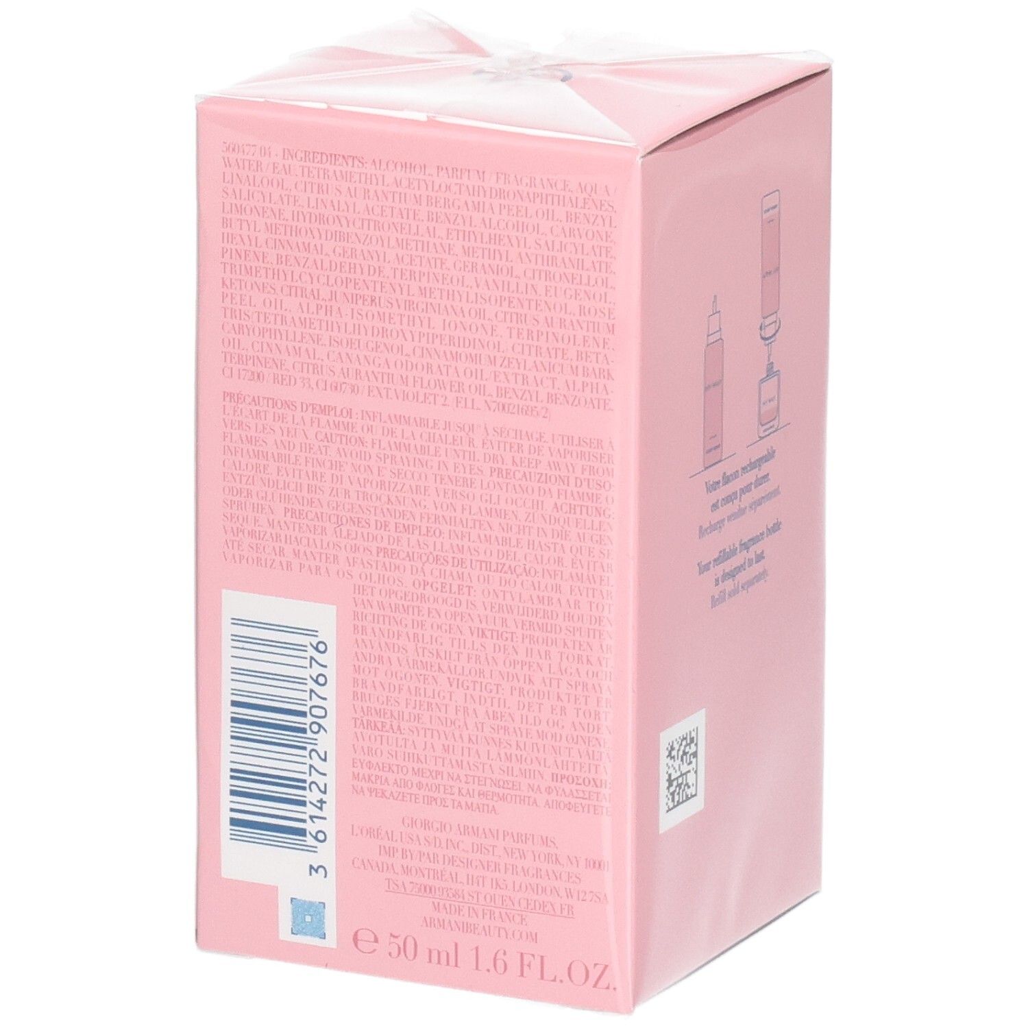 Lato della confezione Giorgio Armani My Way Eau de Parfum con ingredienti e codice a barre.