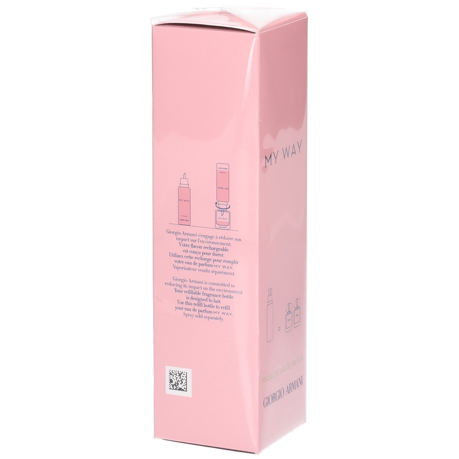 Retro della confezione rosa di ricarica Giorgio Armani My Way Eau de Parfum con istruzioni.