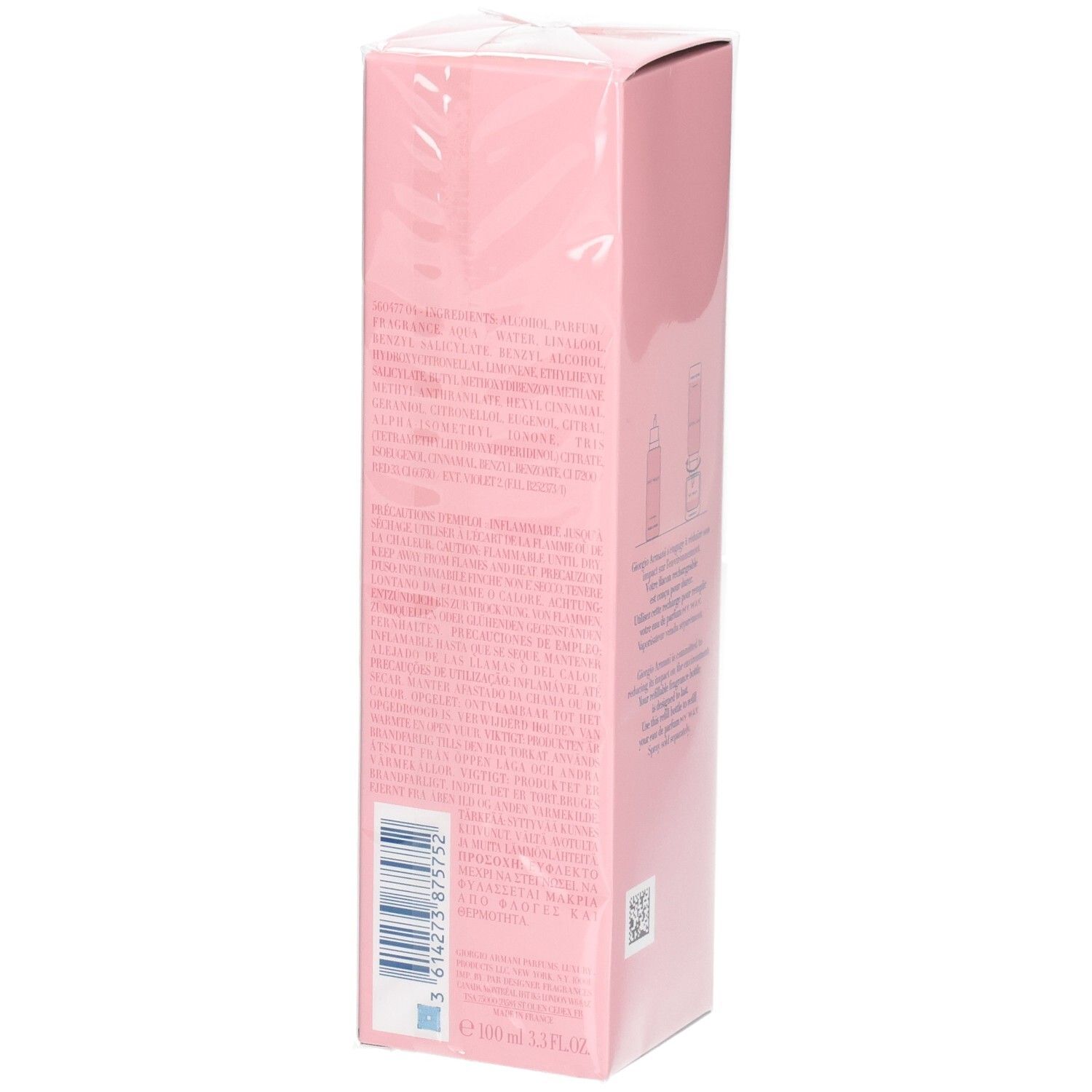 Lato della confezione rosa di ricarica Giorgio Armani My Way Eau de Parfum con ingredienti.