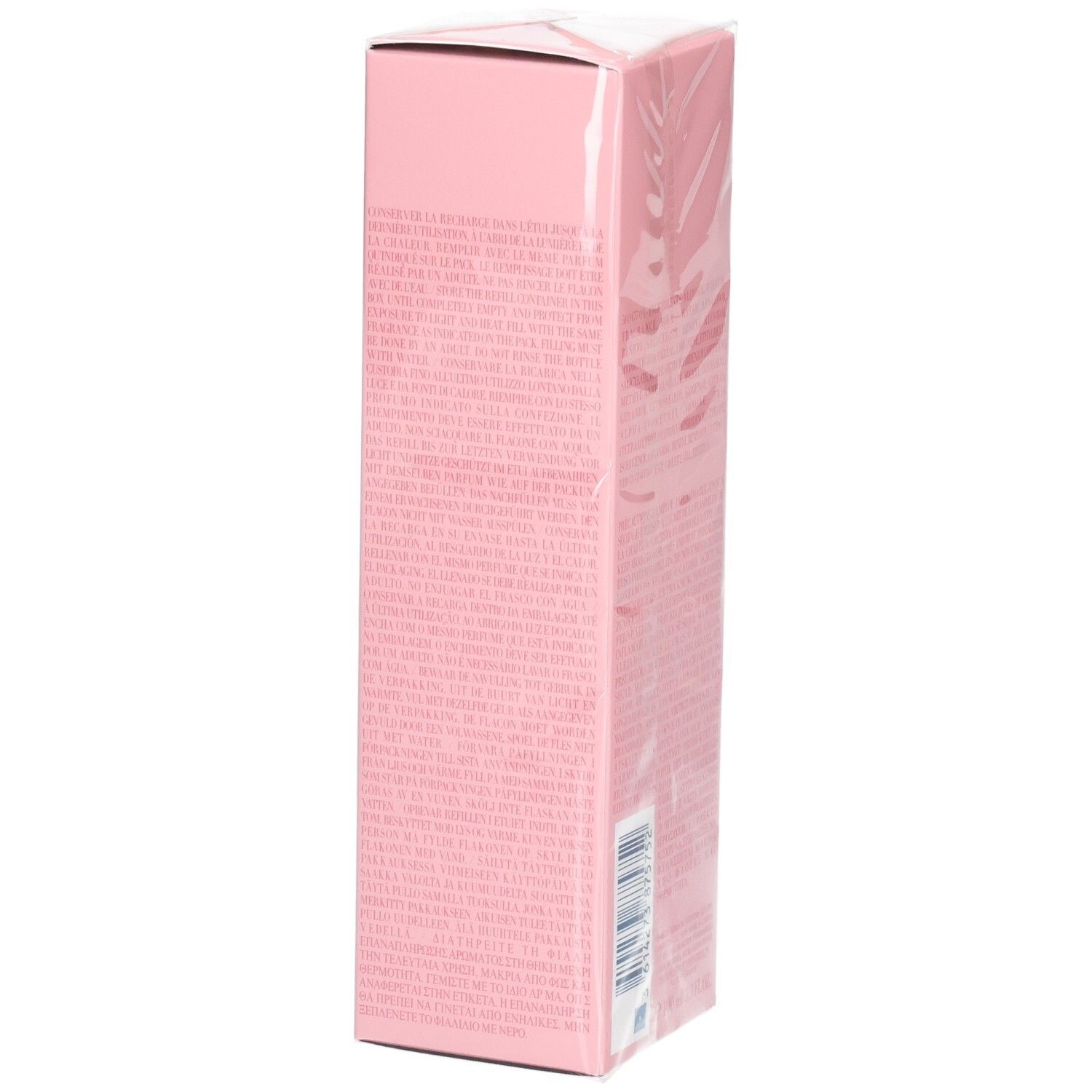 Lato della confezione rosa di ricarica Giorgio Armani My Way Eau de Parfum con codice a barre e testo.