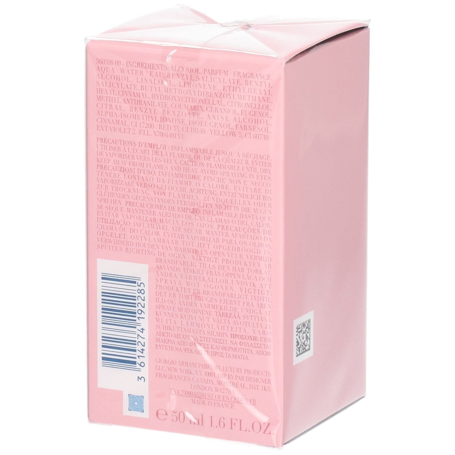 Retro della confezione Giorgio Armani My Way Ylang Eau de Parfum 50ml con codice a barre e ingredienti.