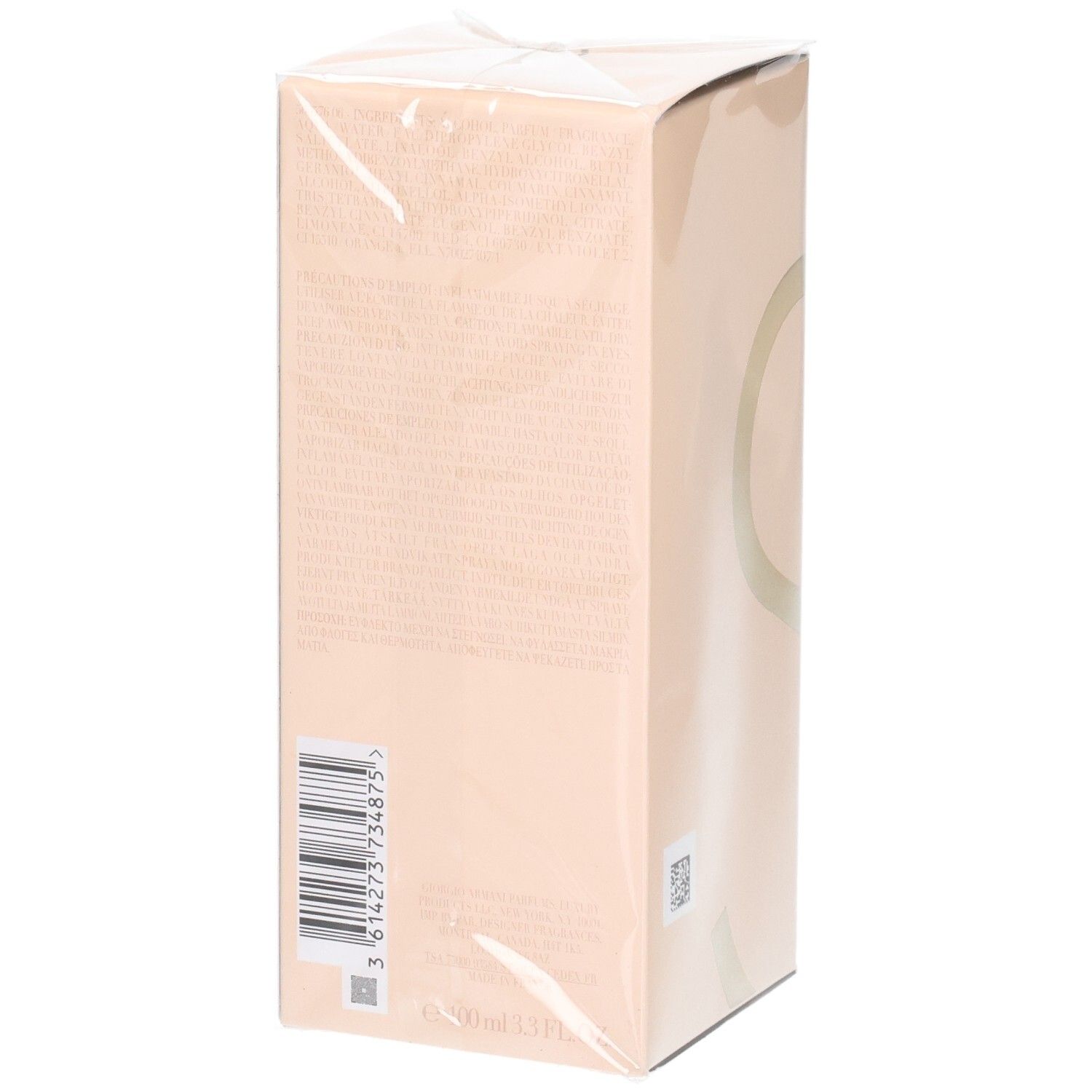 Giorgio Armani Sì Eau de Parfum Intense, 100ml, vista laterale con codice a barre.