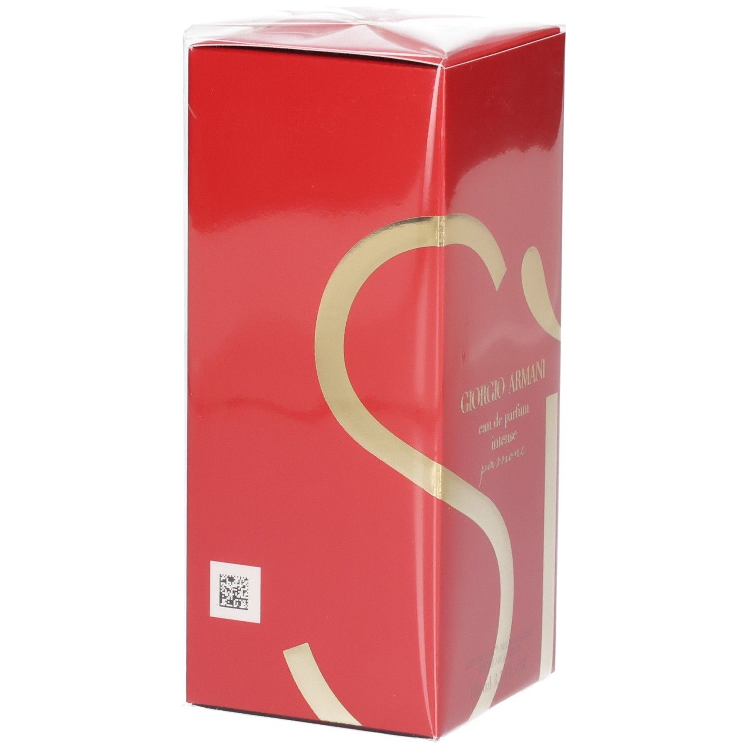 Confezione rossa Giorgio Armani Si Passione Intense con codice QR sul lato.