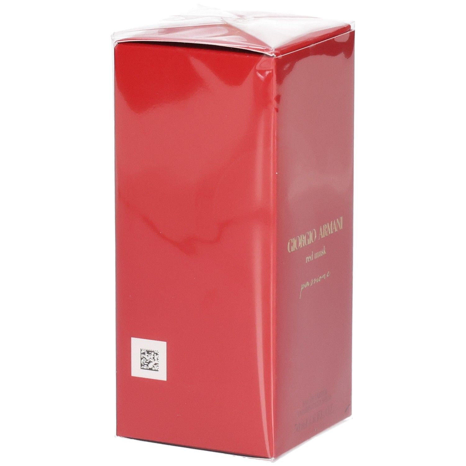 Confezione rossa Giorgio Armani Sì Passione Red Musk Eau de Parfum con QR code.