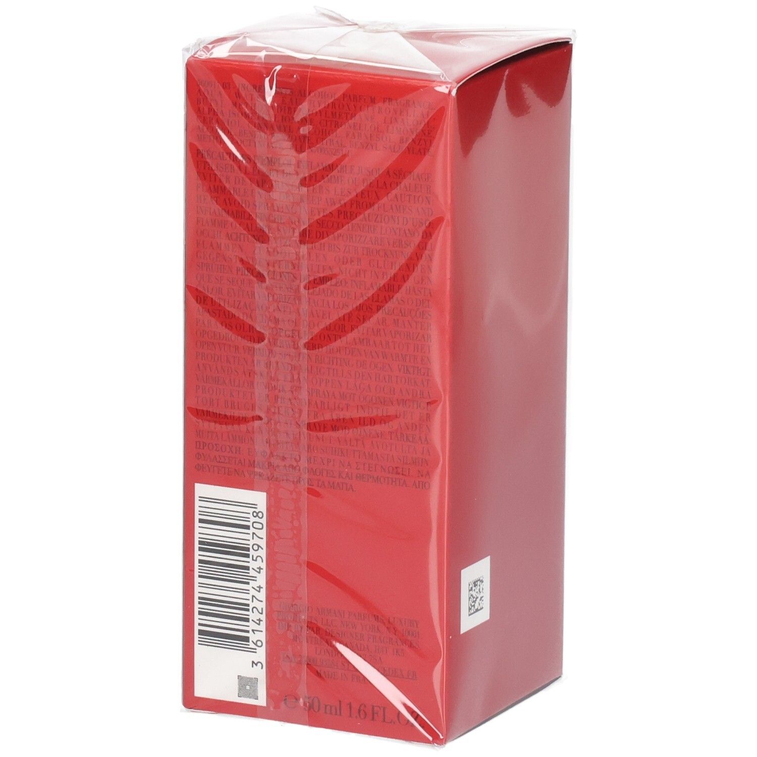 Confezione rossa Giorgio Armani Sì Passione Red Musk Eau de Parfum con codice a barre.