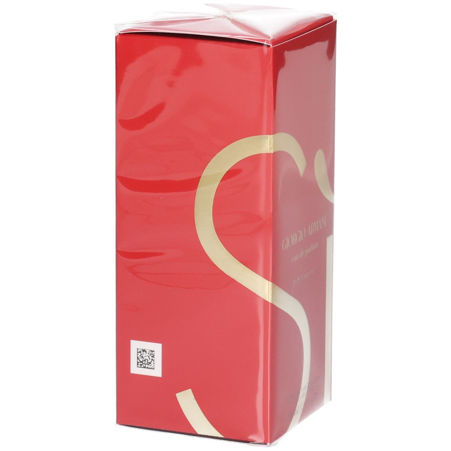 Scatola rossa con grande logo dorato a forma di 'S' e codice QR.
