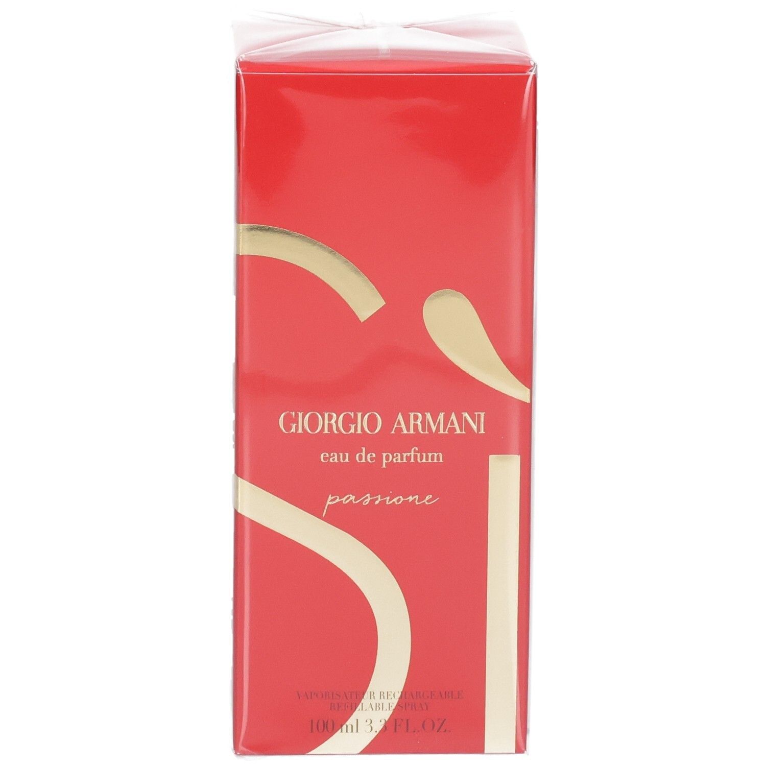 Confezione Giorgio Armani Si Passione Eau de Parfum 100ml. Scatola rossa con accenti dorati e scritta.