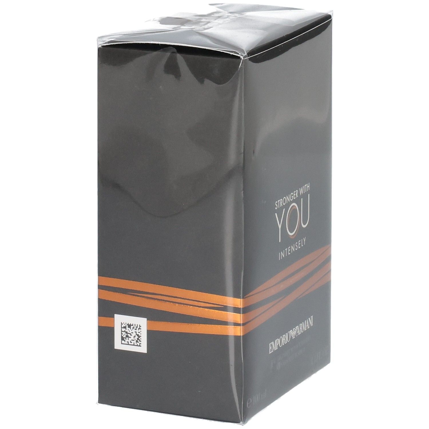 Vista laterale della confezione di Armani Stronger with You Intensely Eau de Parfum da Uomo.