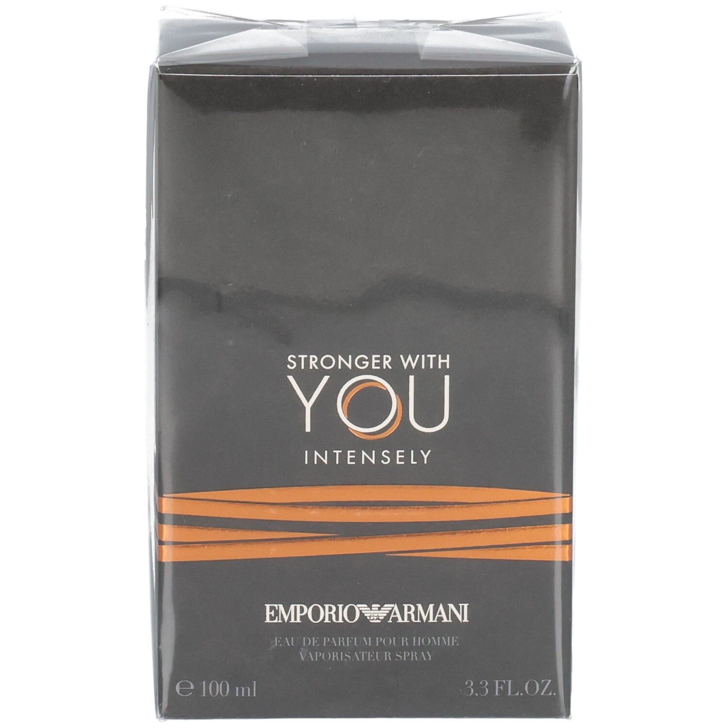 Fronte della confezione di Armani Stronger with You Intensely Eau de Parfum da Uomo, 100 ml.