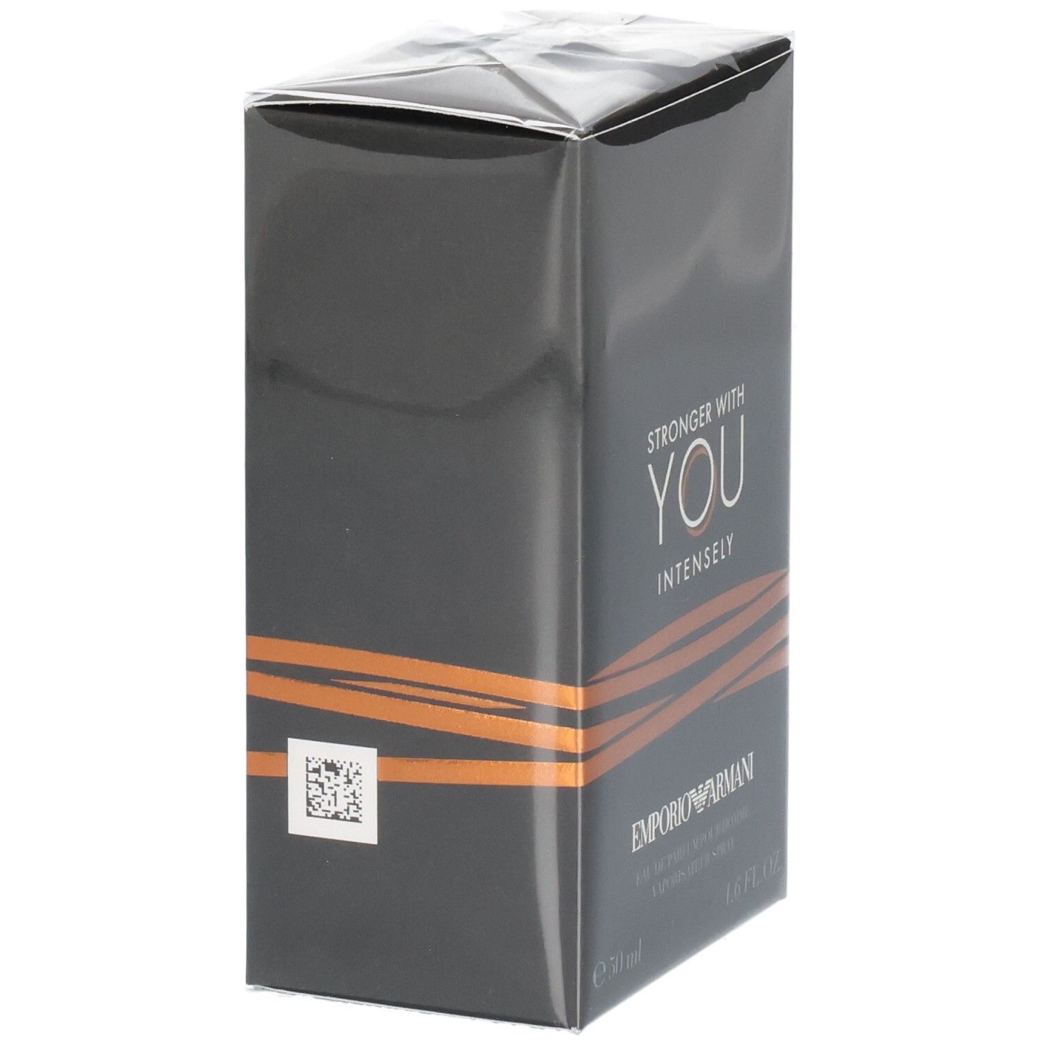 Vista laterale della confezione dell'Eau de Parfum Armani Stronger With You Intensely 50ml.