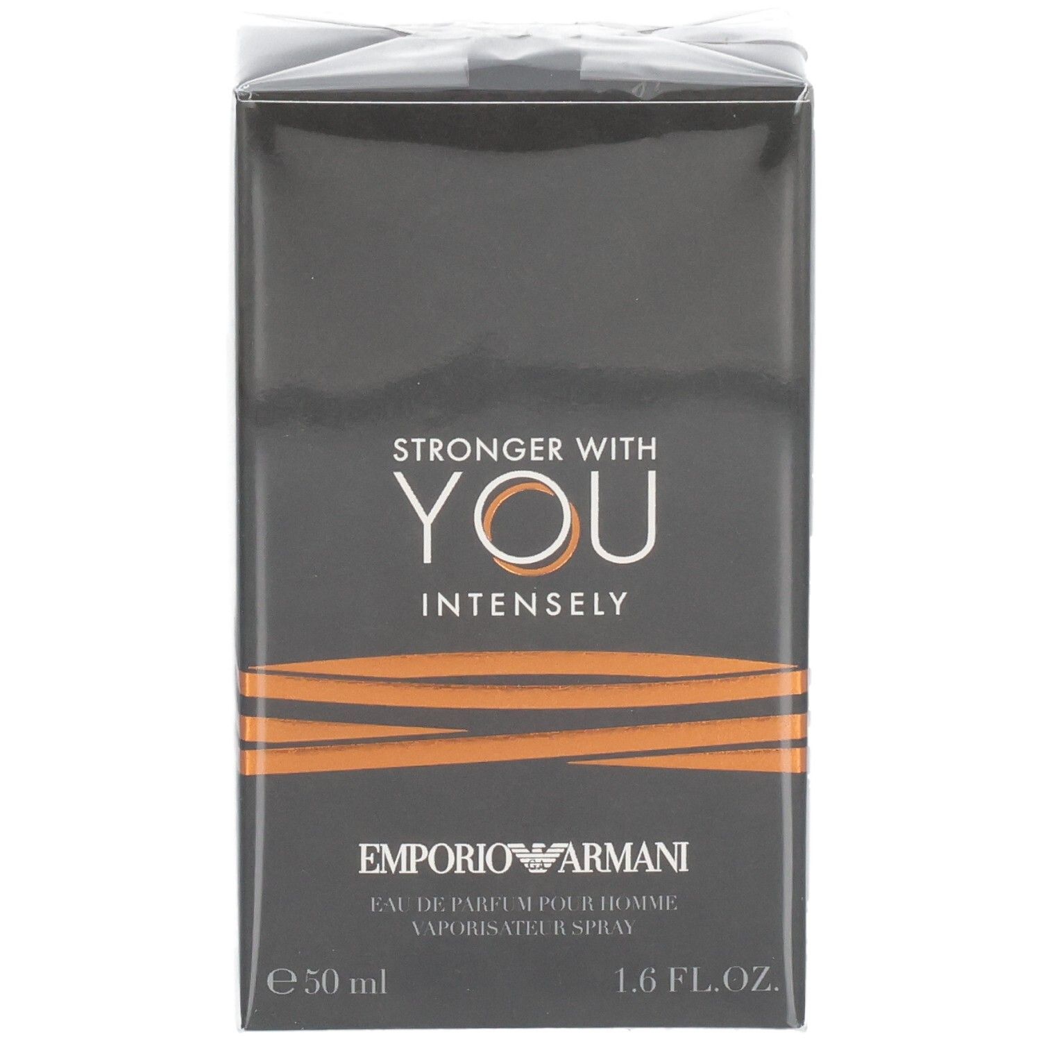 Fronte della confezione dell'Eau de Parfum Armani Stronger With You Intensely 50ml.