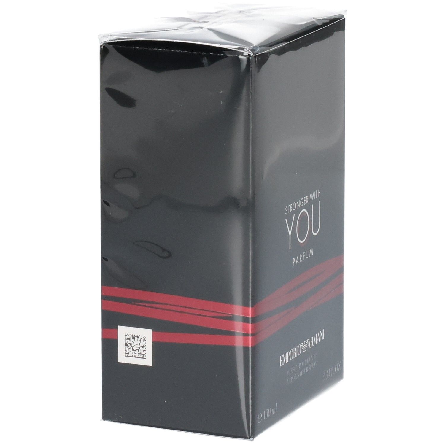 Confezione di profumo nera con strisce rosse e scritta "Stronger With You Parfum".