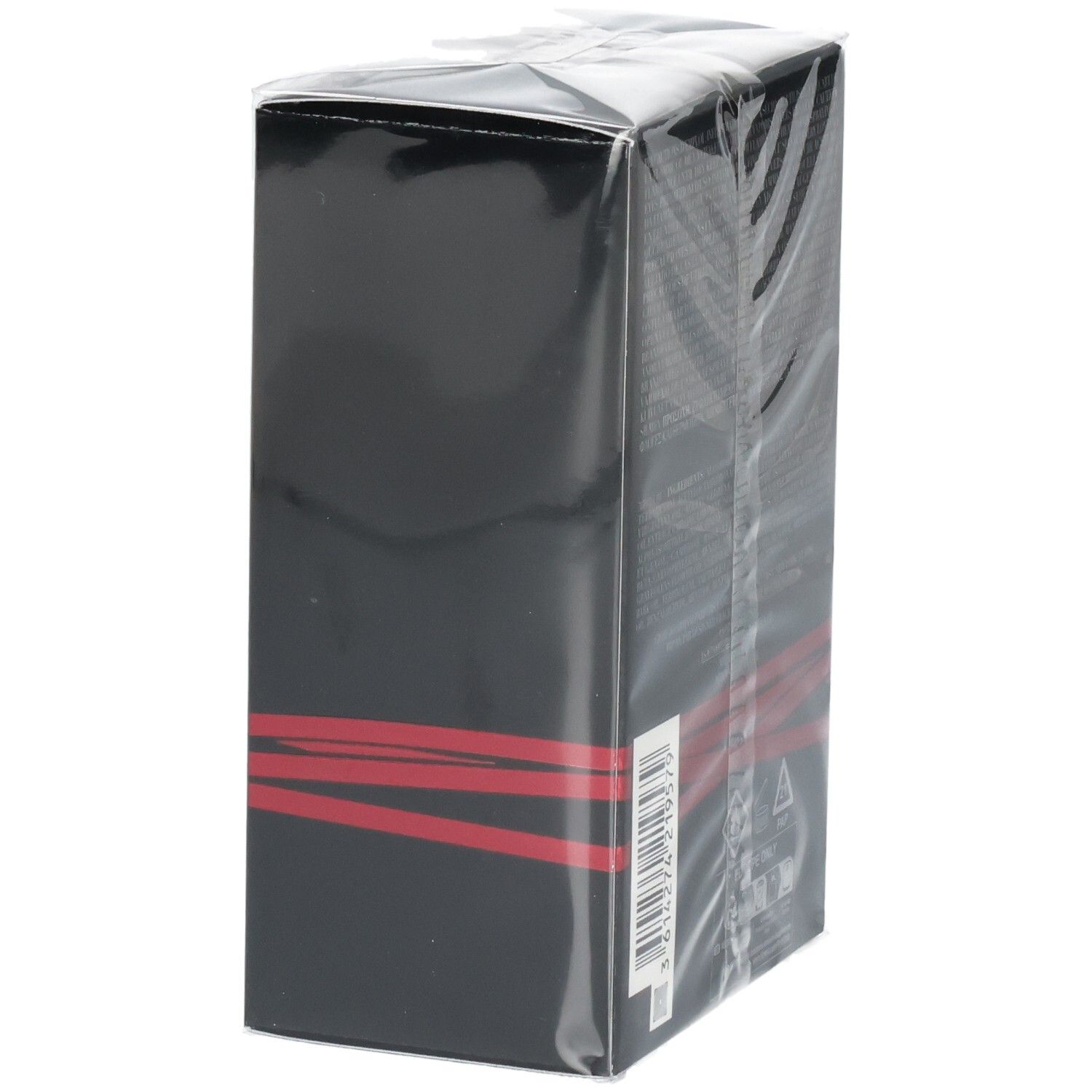 Confezione rettangolare nera con linee rosse e codice a barre.