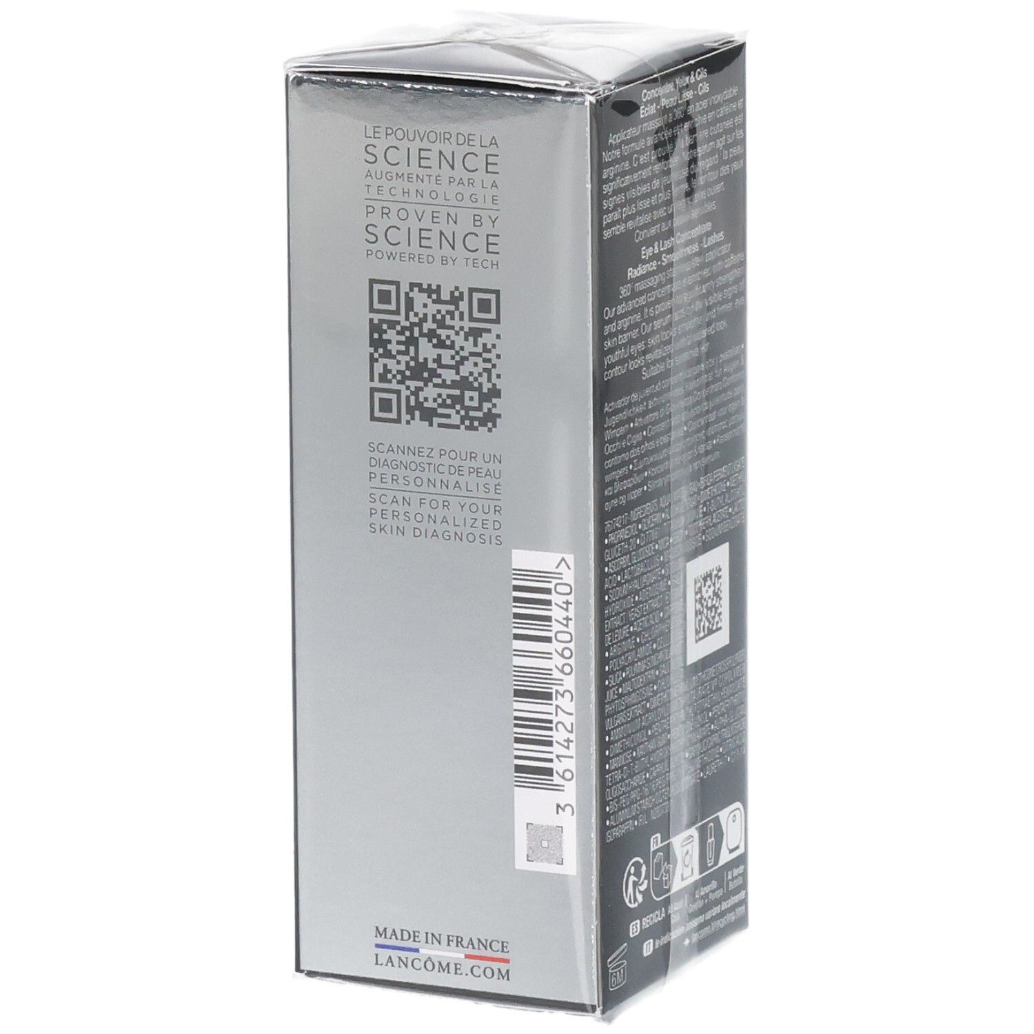 Lato della confezione Lancôme Advanced Génifique Light Pearl con QR code e origine.
