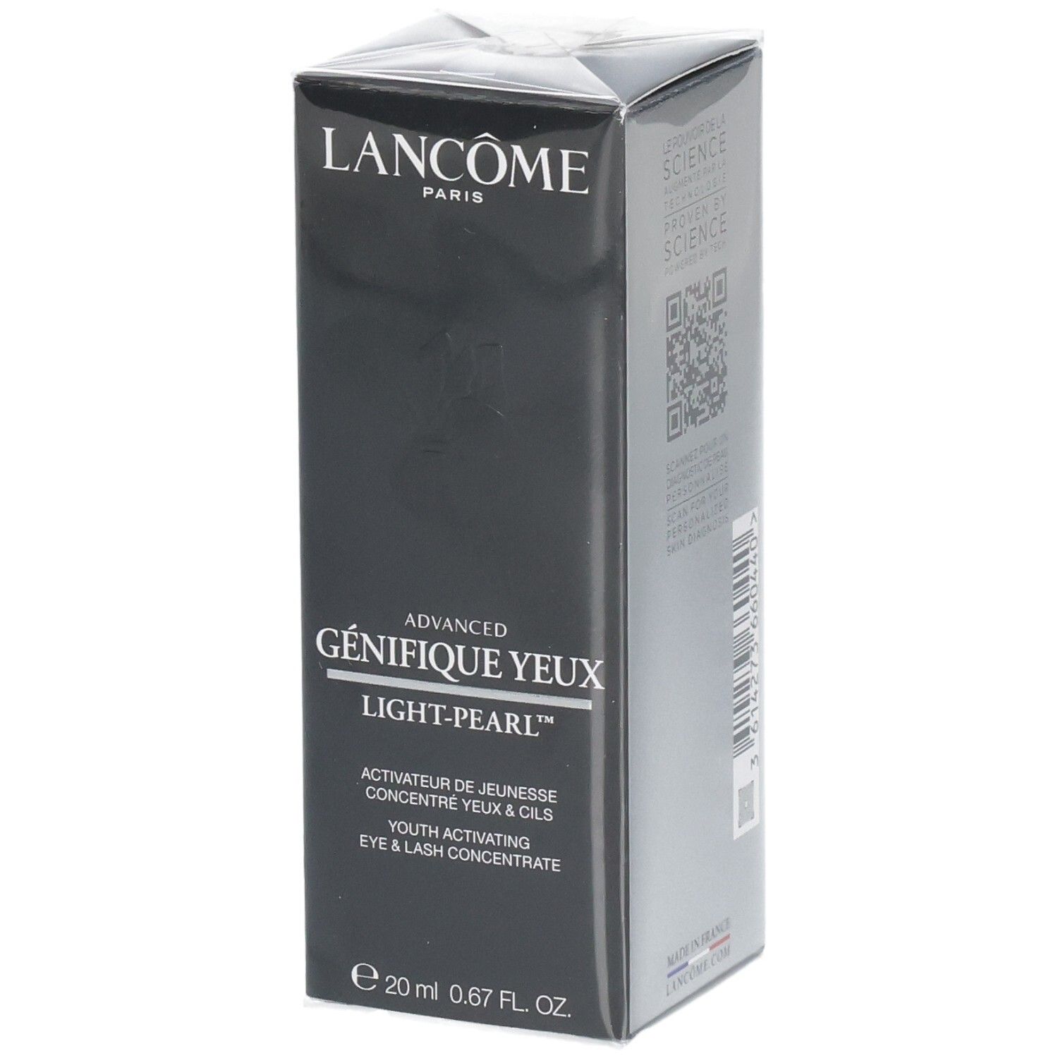 Confezione del siero occhi e ciglia Lancôme Advanced Génifique Light Pearl, fronte.