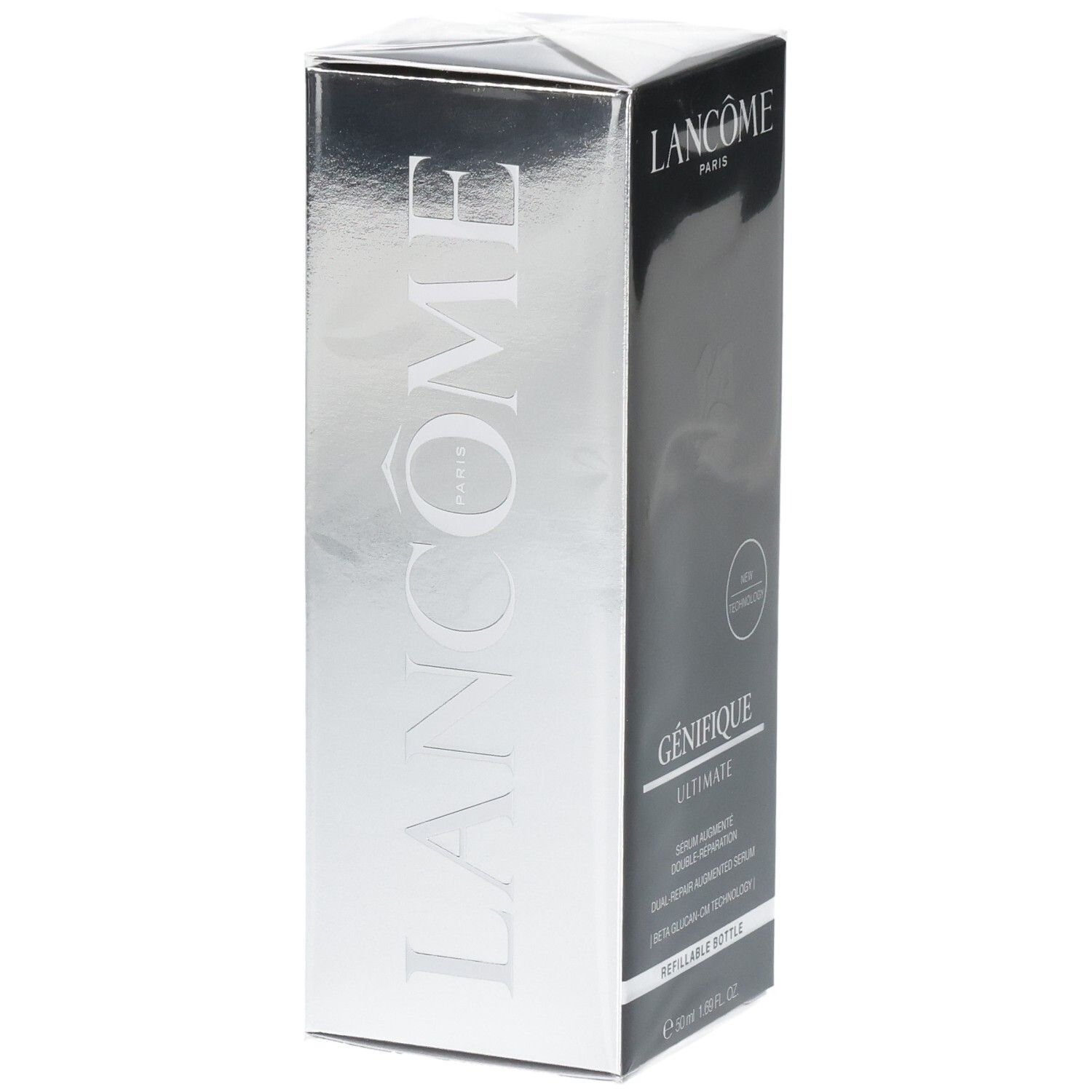 Scatola Lancôme Génifique Ultimate Siero, design argento e nero, con logo.