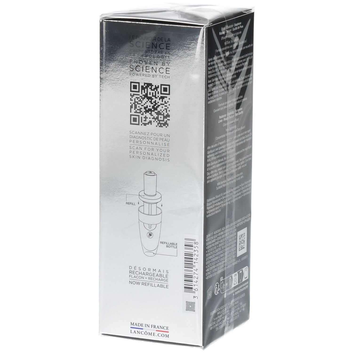 Lato della scatola Lancôme Génifique Ultimate Siero con QR code e istruzioni di ricarica.