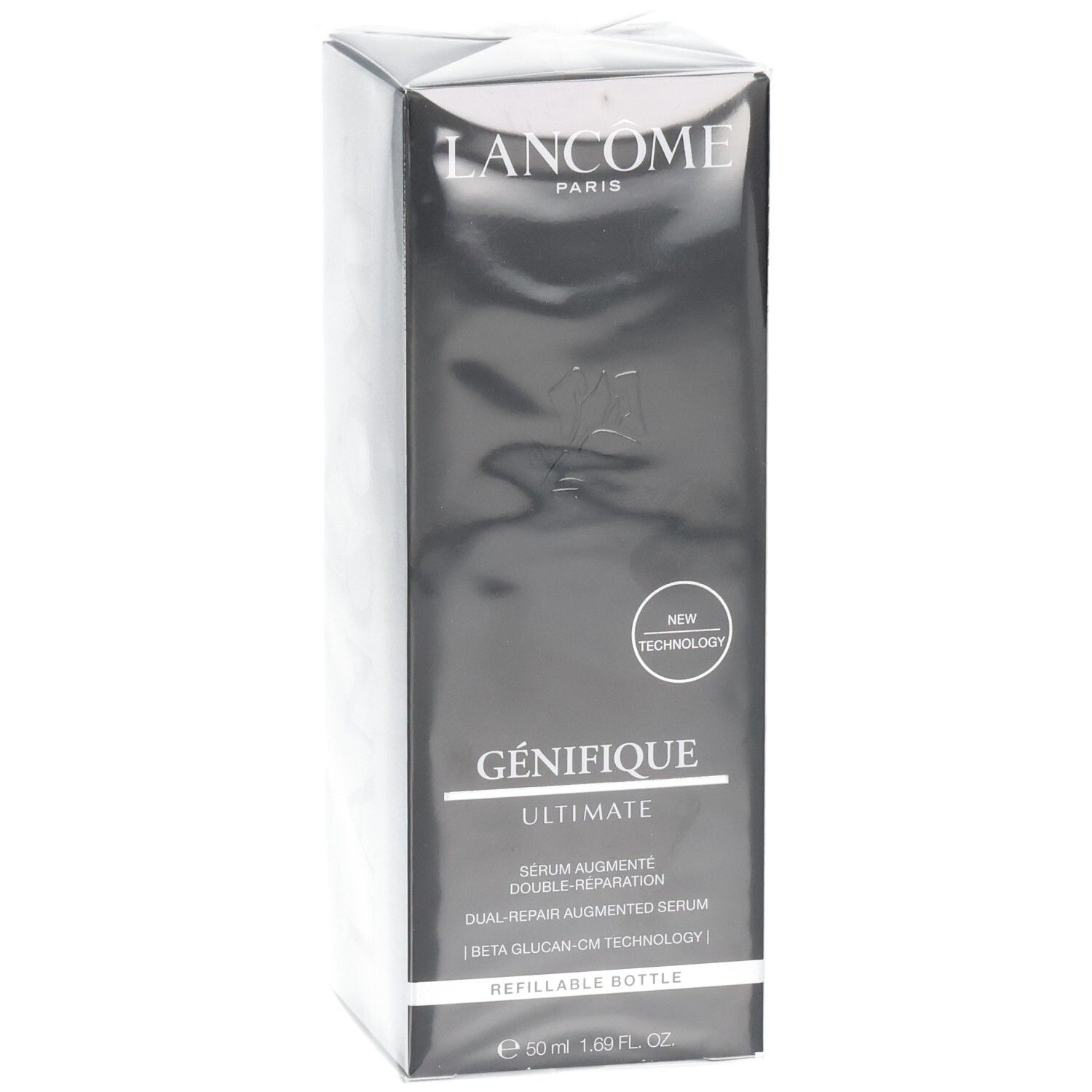 Scatola Lancôme Génifique Ultimate Siero, 50ml, con scritte "New Technology" e "Refillable Bottle".