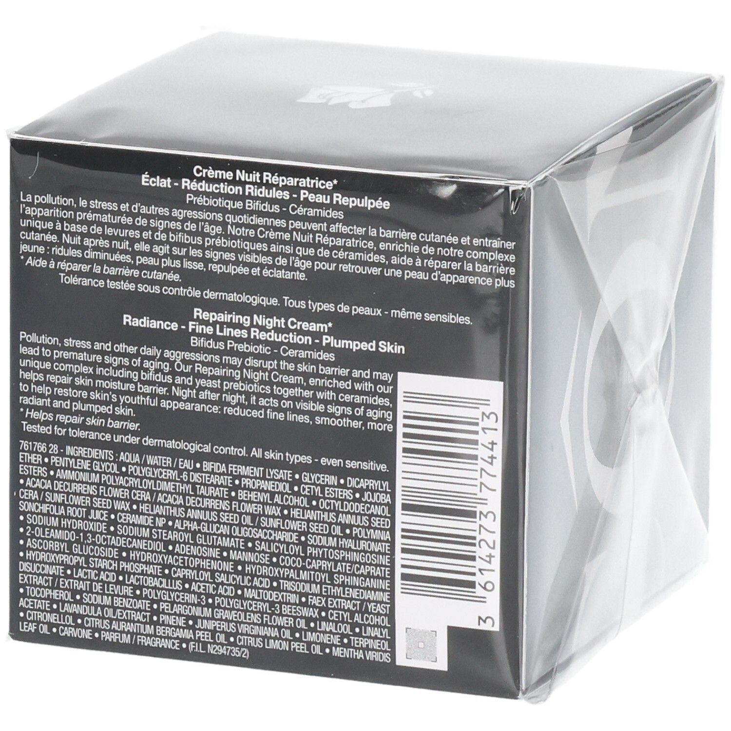 Retro della confezione Lancôme Advanced Génifique Crema Notte con ingredienti.