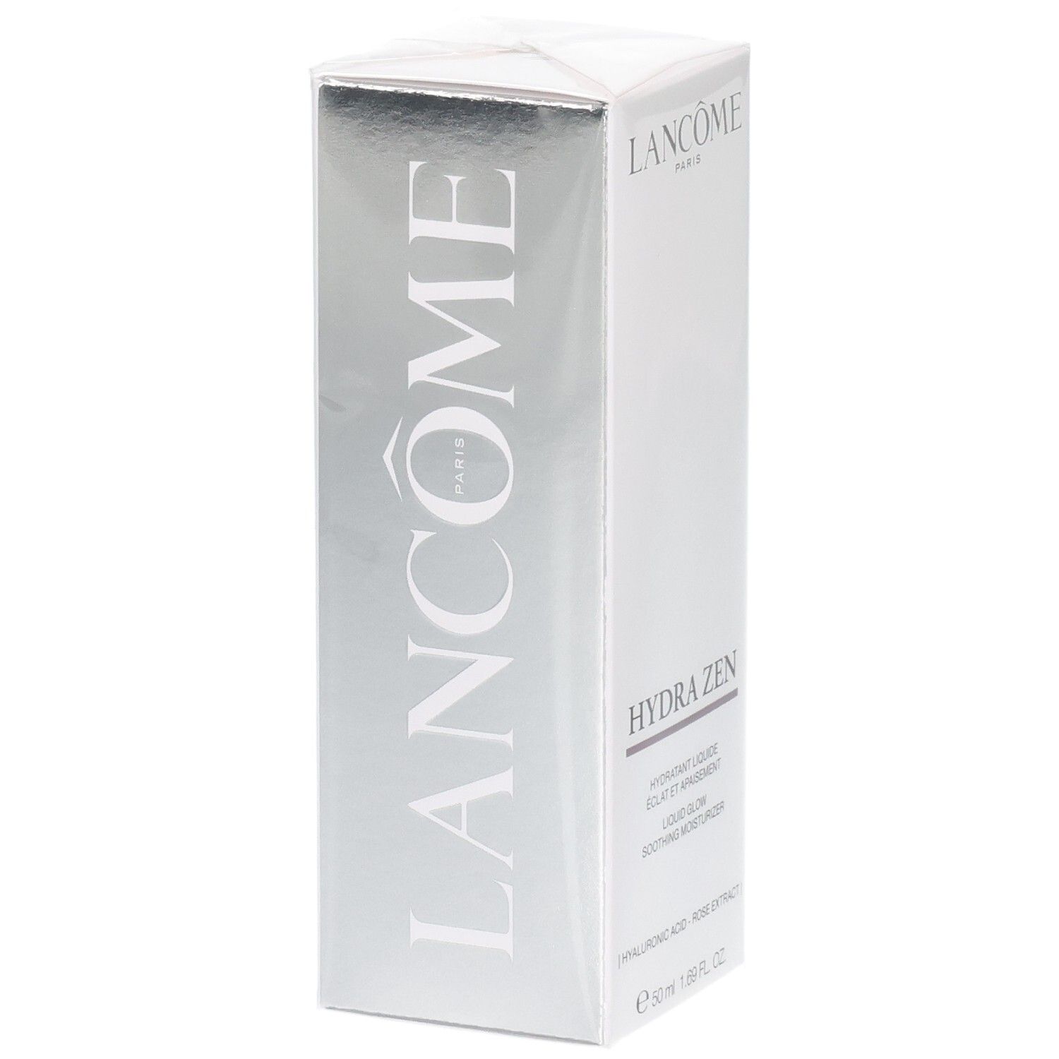 Fluido idratante Lancôme Hydra Zen, vista laterale argentata della confezione.