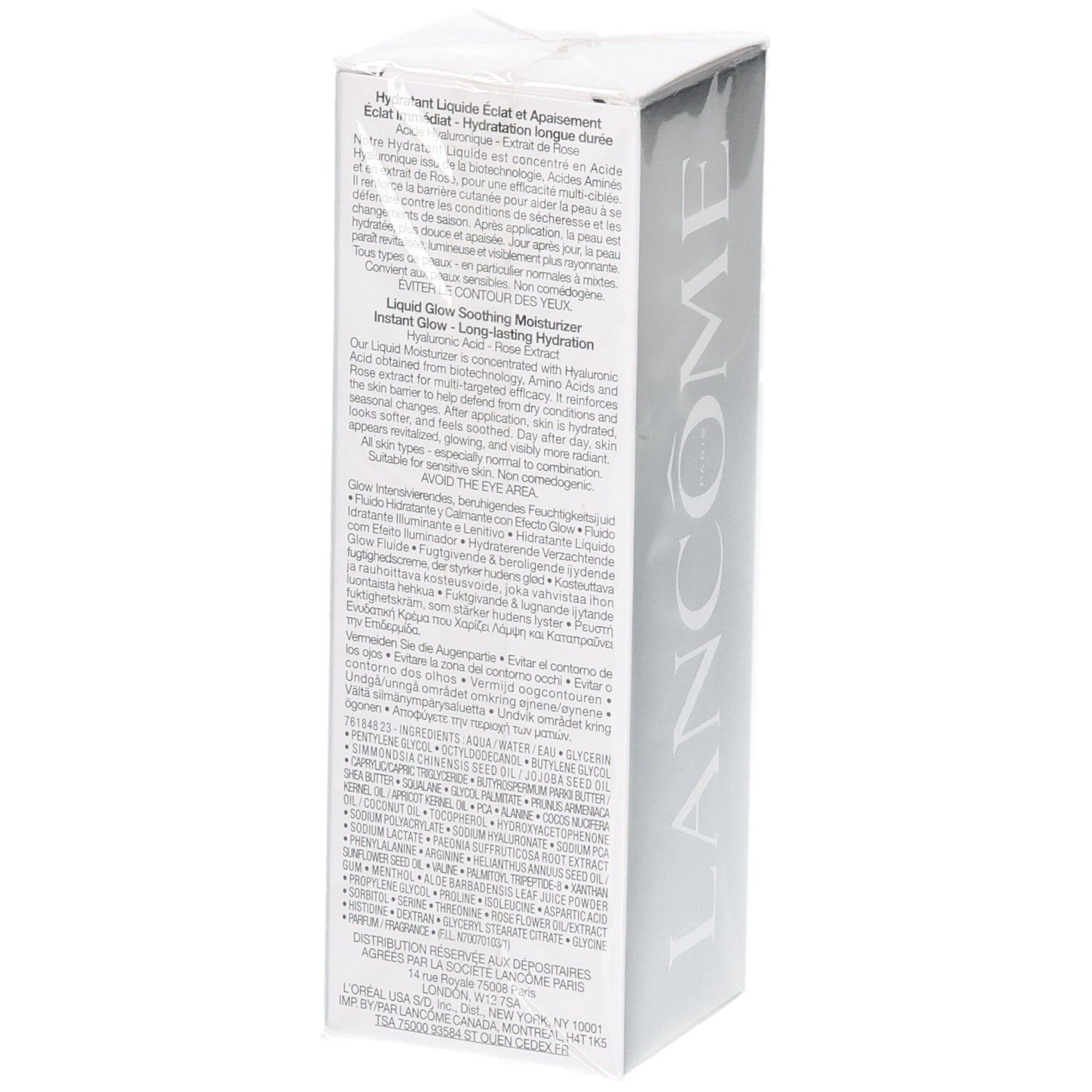 Fluido idratante Lancôme Hydra Zen, retro della confezione con informazioni sul prodotto.