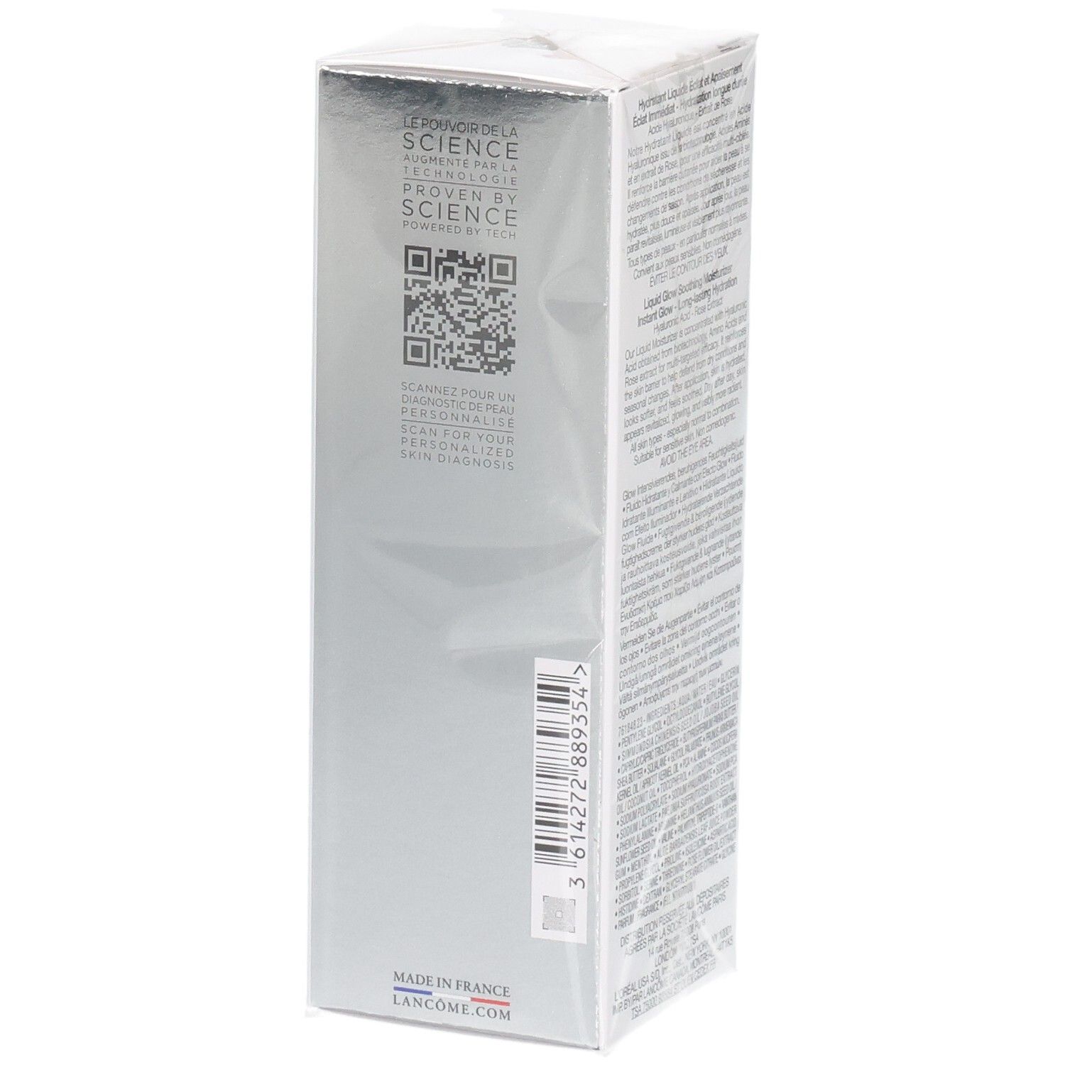 Fluido idratante Lancôme Hydra Zen, confezione con QR code e scritta Made in France.
