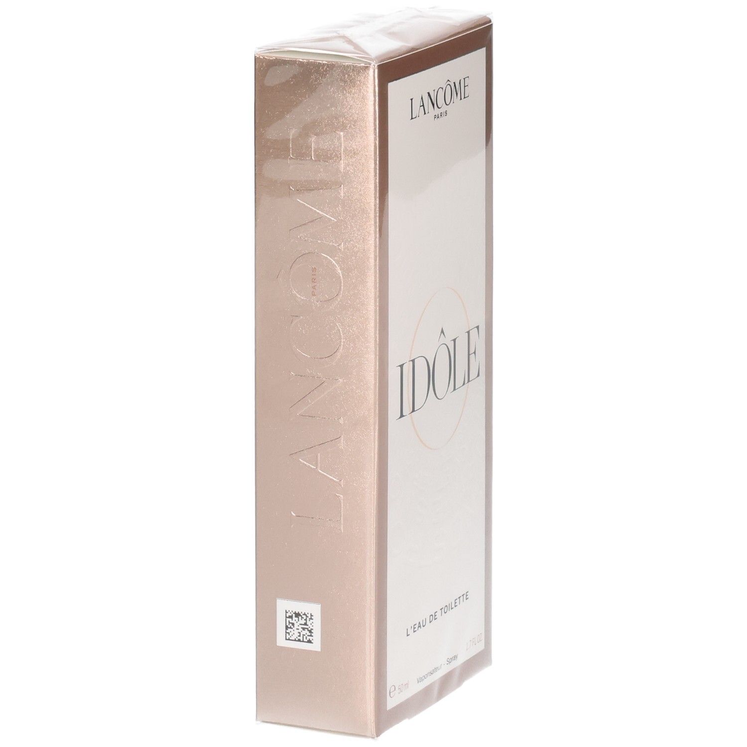 Confezione Lancôme Idôle Eau de Toilette, vista laterale. Scatola color oro rosa con logo in rilievo.