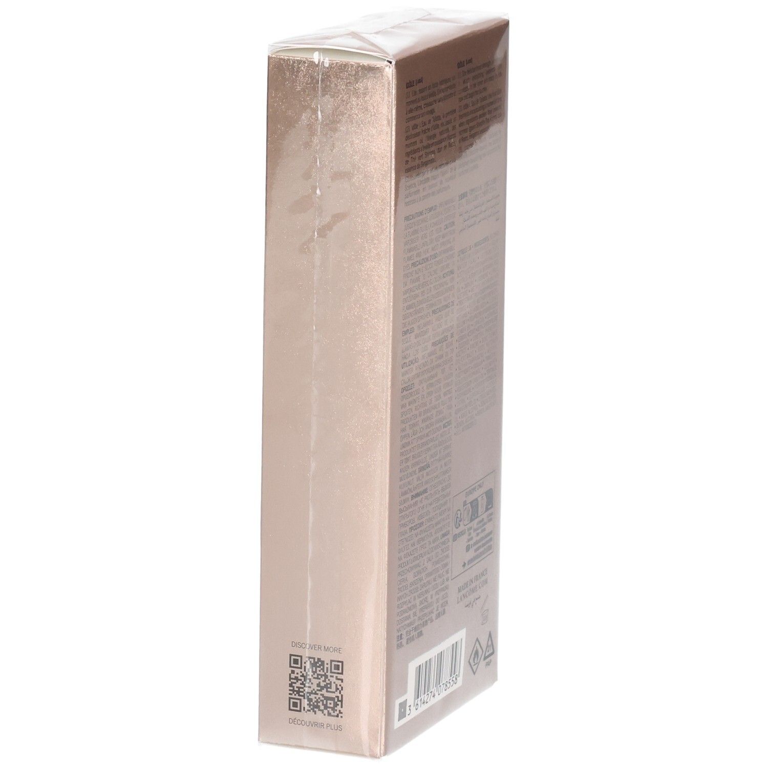 Confezione Lancôme Idôle Eau de Toilette, vista laterale con QR code. Scatola color oro rosa.