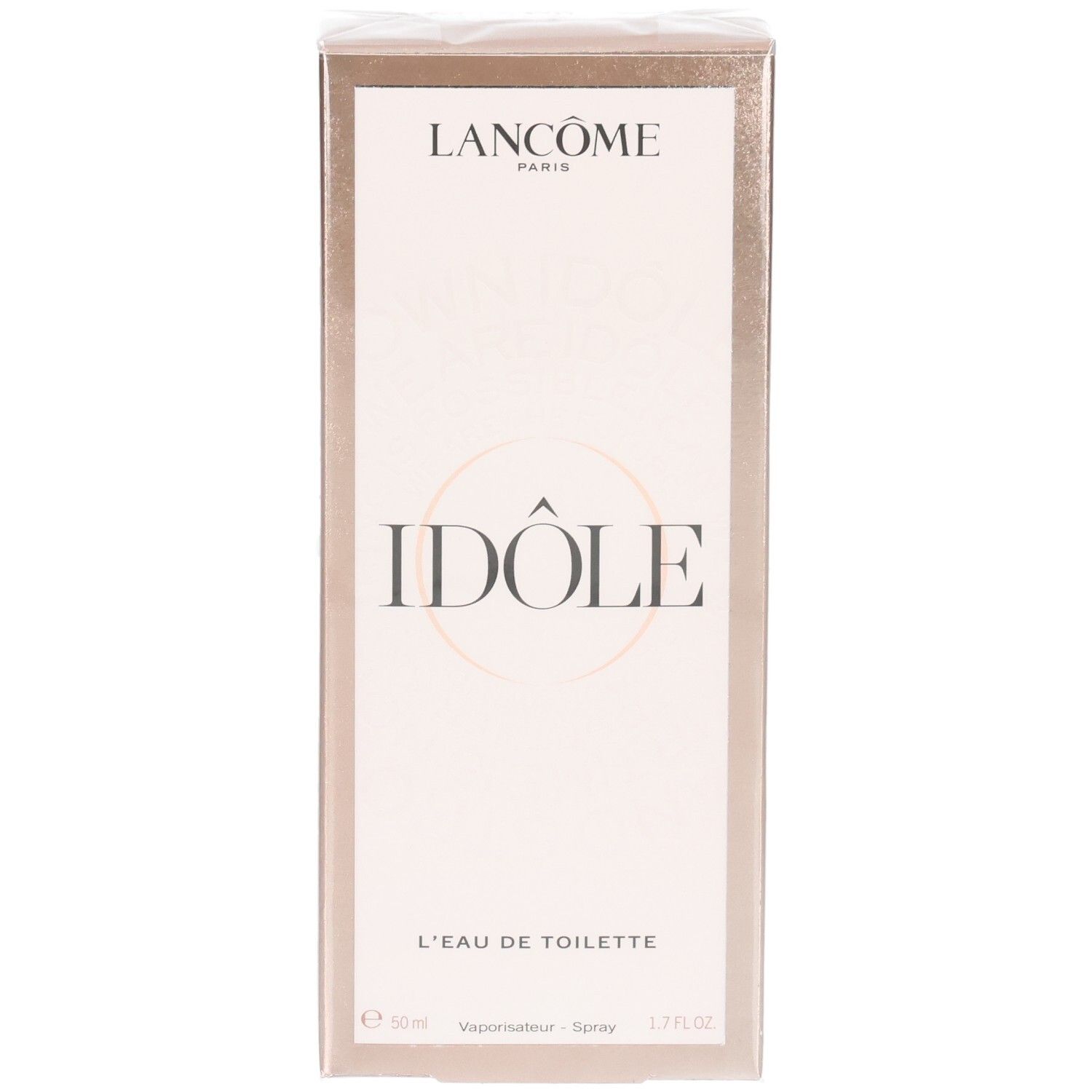 Confezione Lancôme Idôle Eau de Toilette, fronte. Scatola color oro rosa con nome del prodotto e logo.