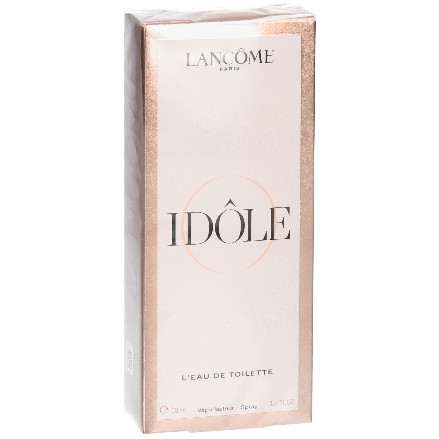 Confezione Lancôme Idôle Eau de Toilette, fronte. Scatola color oro rosa con nome del prodotto e logo.