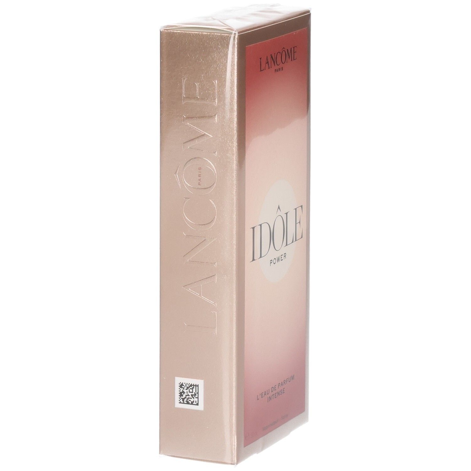 Confezione Lancôme Idôle Power Eau de Parfum Intense. Lato dorato con nome del marchio in rilievo.