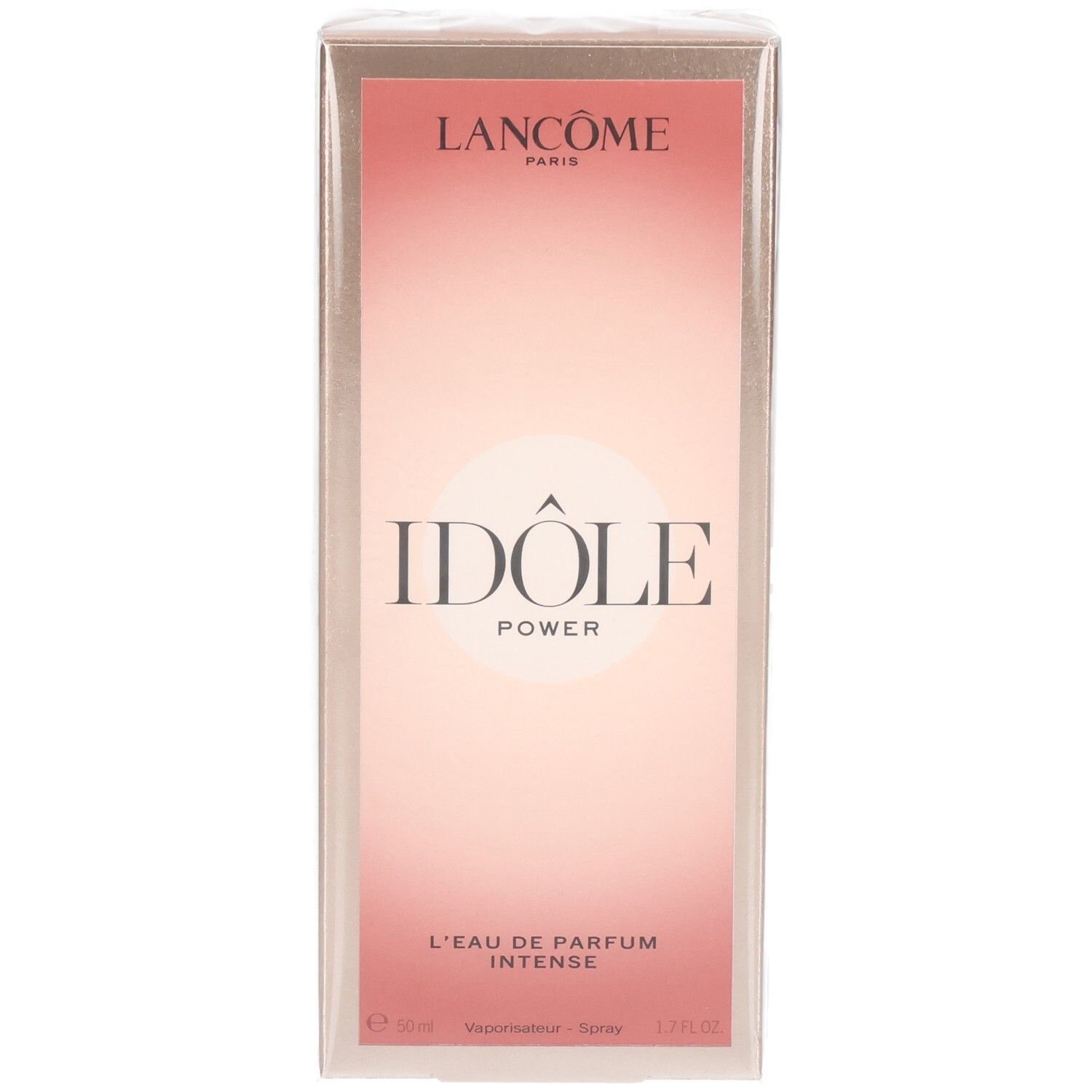 Confezione Lancôme Idôle Power Eau de Parfum Intense. Scatola rosa e oro con il nome del prodotto.