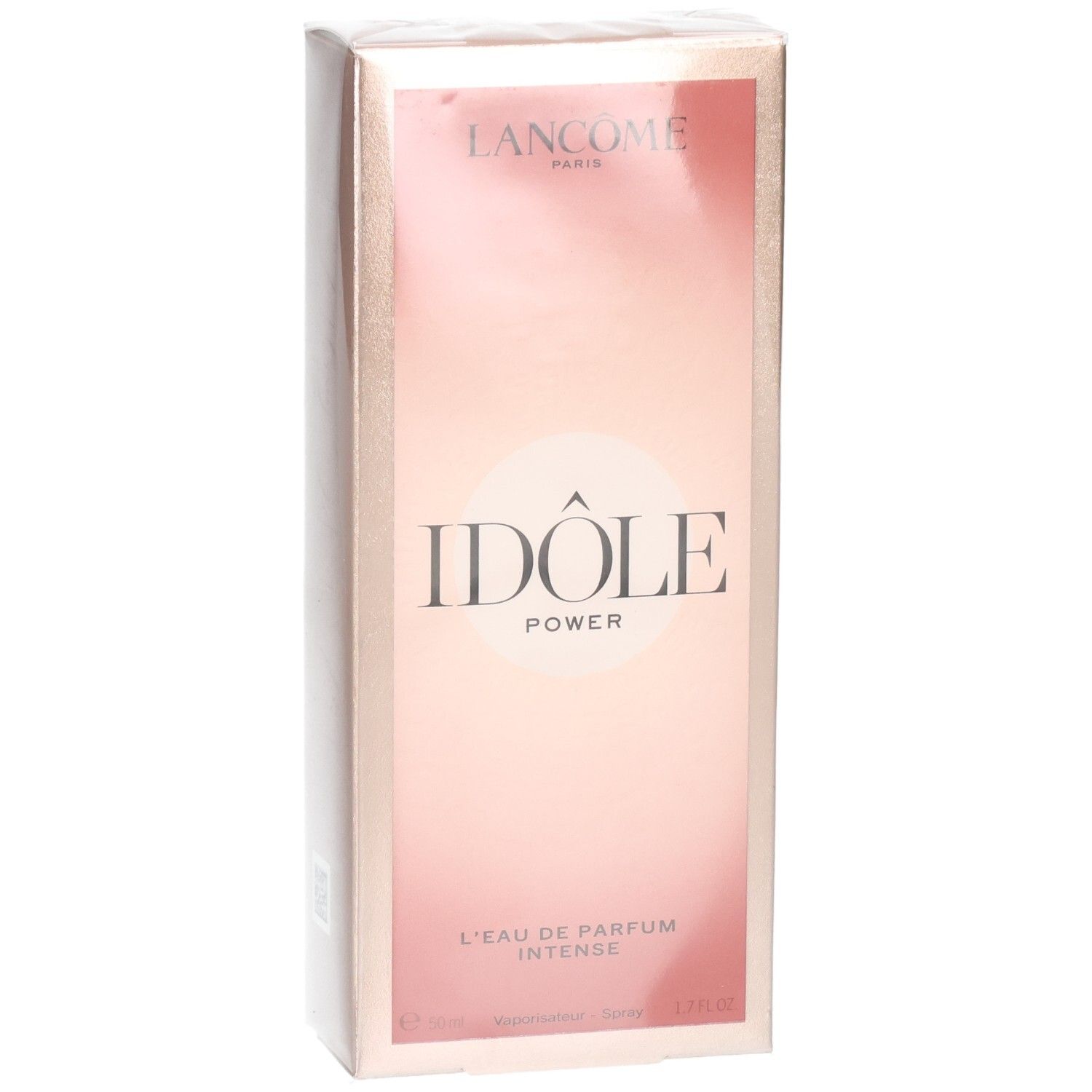 Confezione Lancôme Idôle Power Eau de Parfum Intense. Scatola rosa e oro con il nome del prodotto.