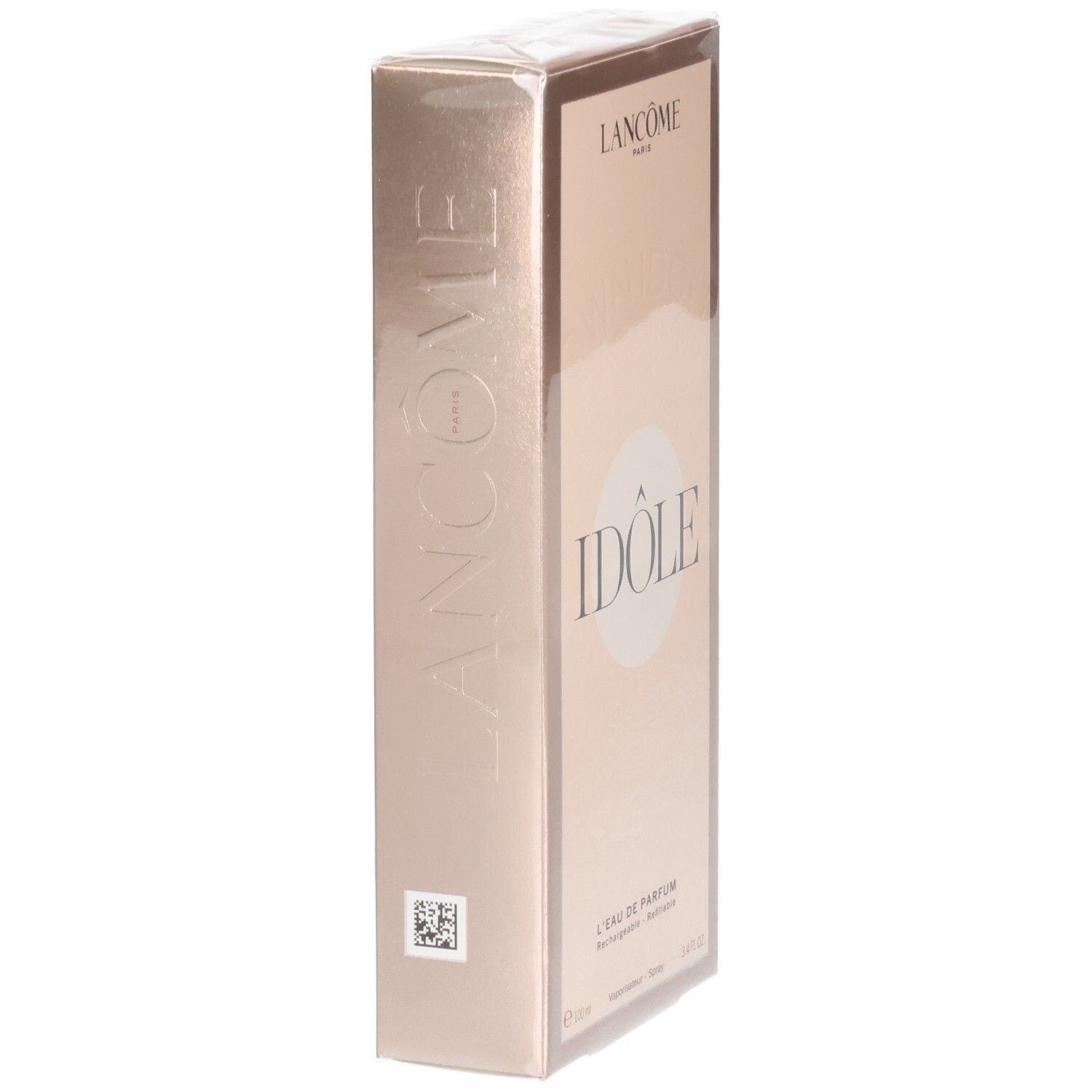 Confezione Lancôme Idôle Eau de Parfum, vista laterale con nome del marchio in rilievo e codice QR.