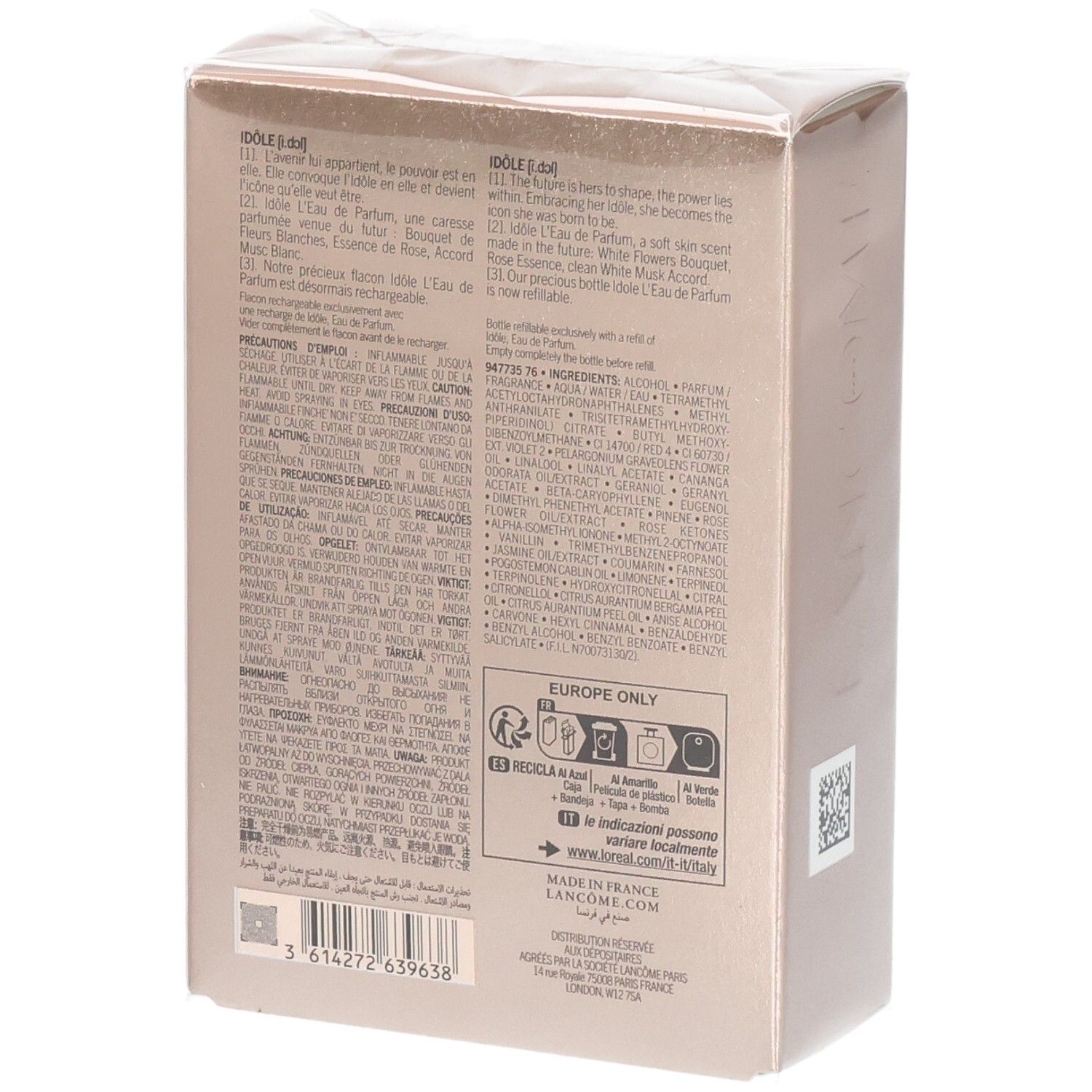 Retro della confezione Lancôme Idôle Eau de Parfum 25ml con ingredienti.