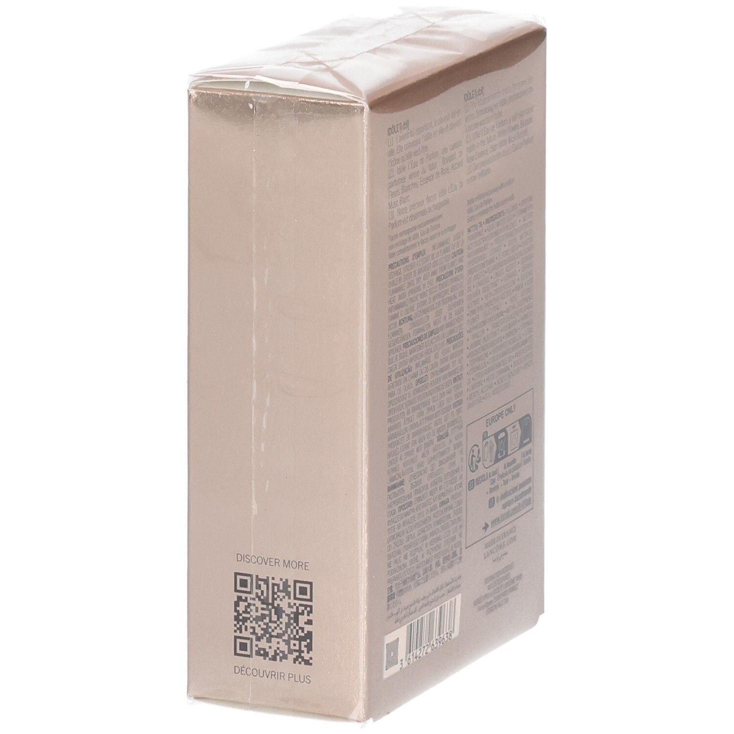 Confezione Lancôme Idôle Eau de Parfum 25ml, retro con QR code.