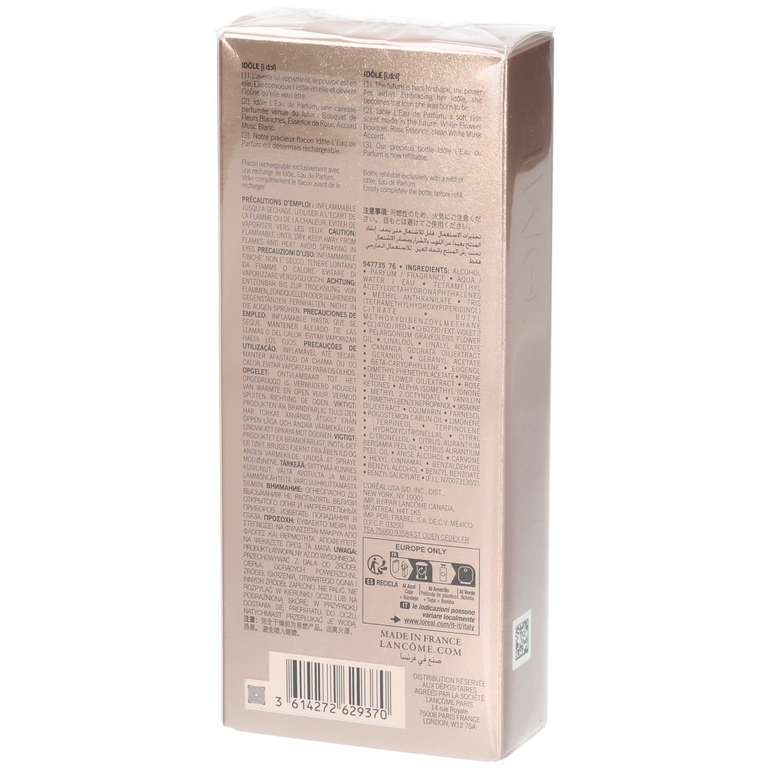 Lancôme Idôle Eau de Parfum scatola 50ml, retro con testo e simboli.