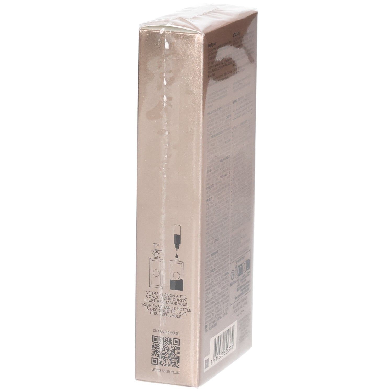 Lancôme Idôle Eau de Parfum scatola 50ml, lato con istruzioni di ricarica.