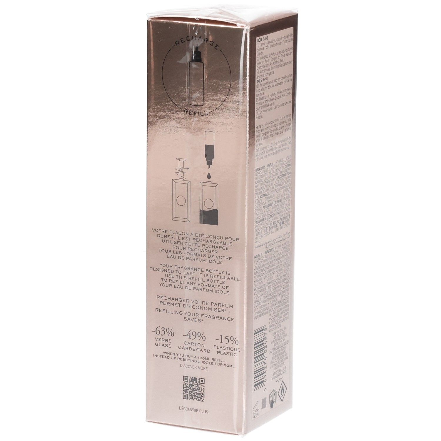 Vista dettagliata della ricarica Lancôme Idôle Eau de Parfum con istruzioni per la ricarica.