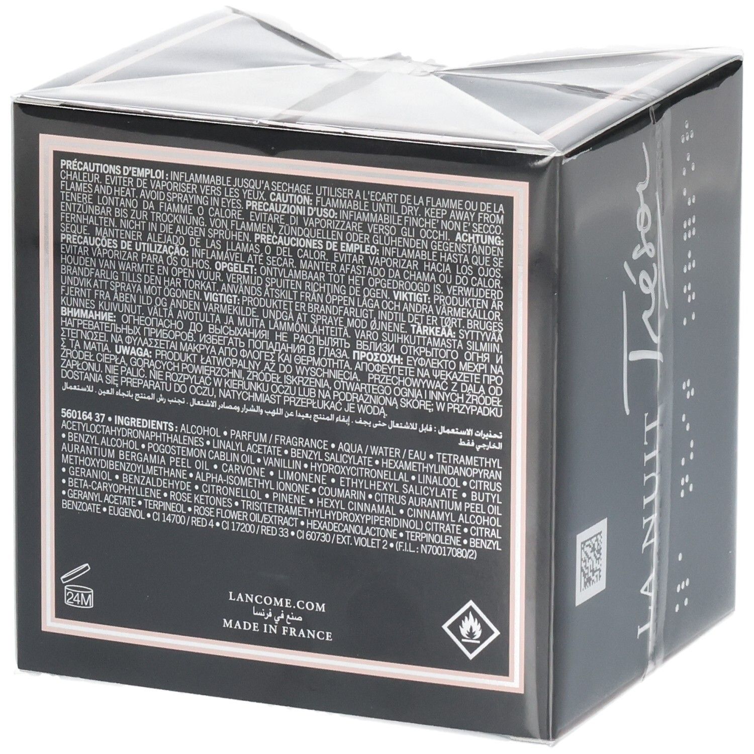 Lancôme La Nuit Trésor L'Eau de Parfum retro con ingredienti e istruzioni.