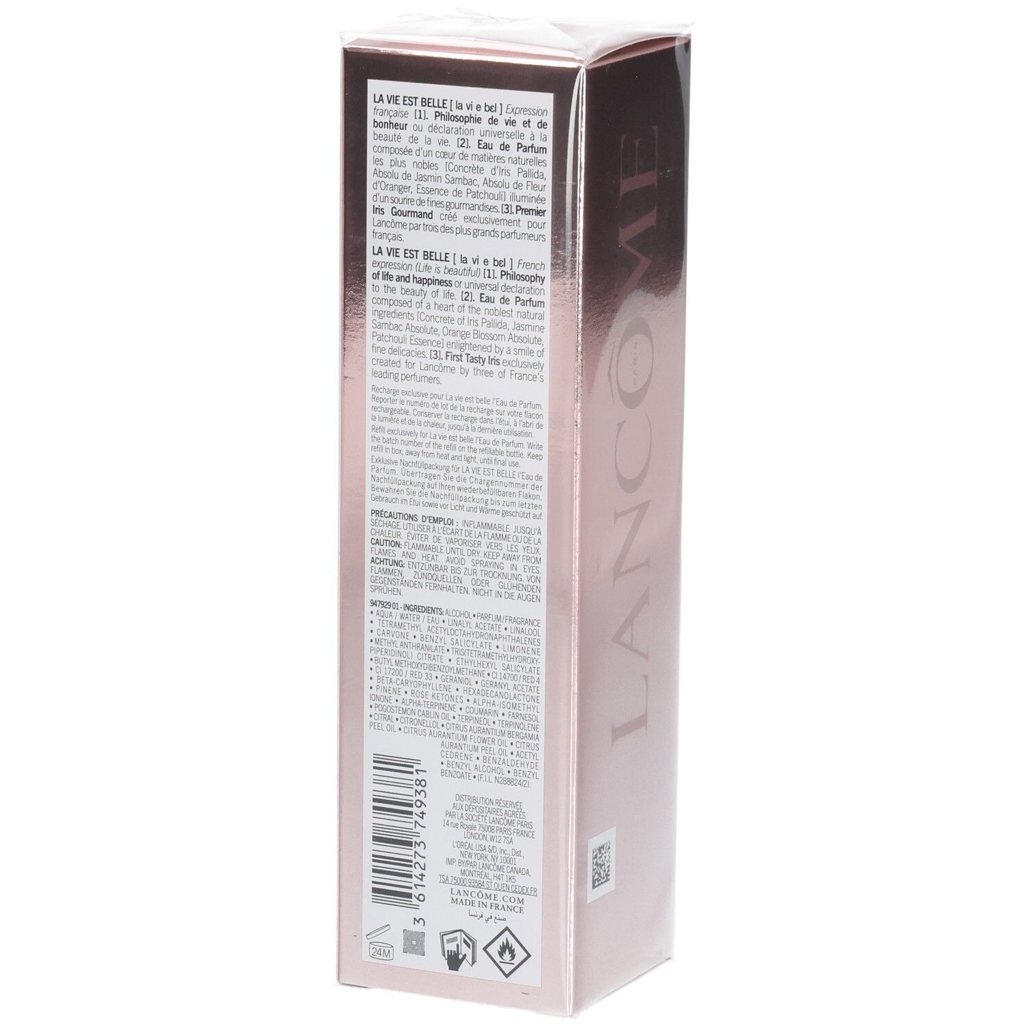 Lancôme La Vie Est Belle Eau de Parfum Ricarica, retro con informazioni sul prodotto.